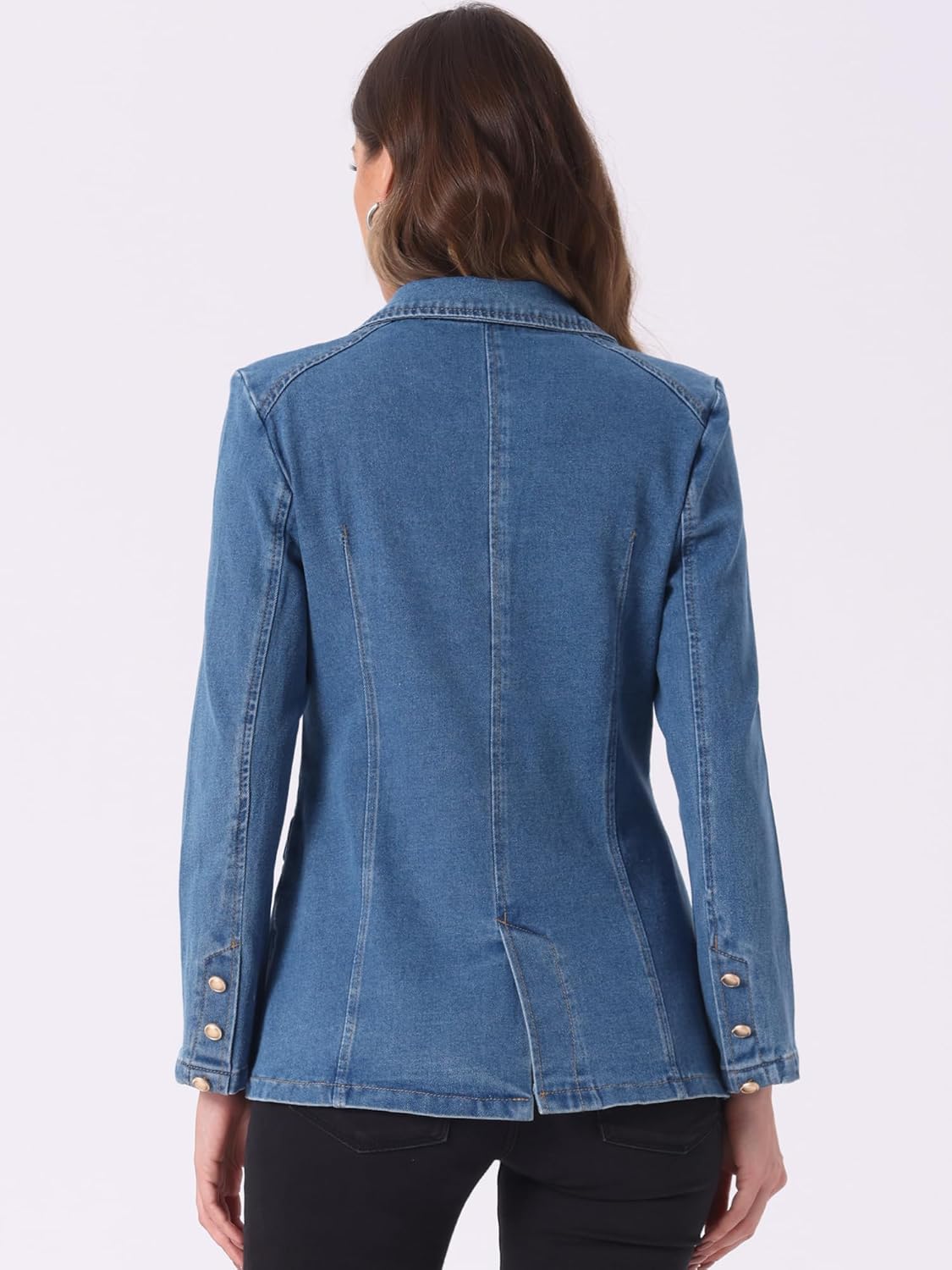 Allegra K Notched Lapel Denim Blazer for Women's Casual Work Long Sleeve Shoulder Pad Jean Jackets - Image 3