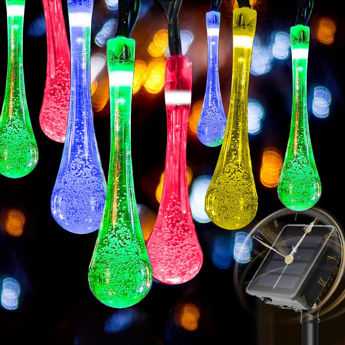 Solar Water Drop String Lights, 21FT 30 LED Teardrop Lights Multicolor, Fairy Lights,LED Outdoor Lights Waterproof for Garden Patio Yard Tree Party Wedding Christmas Decor