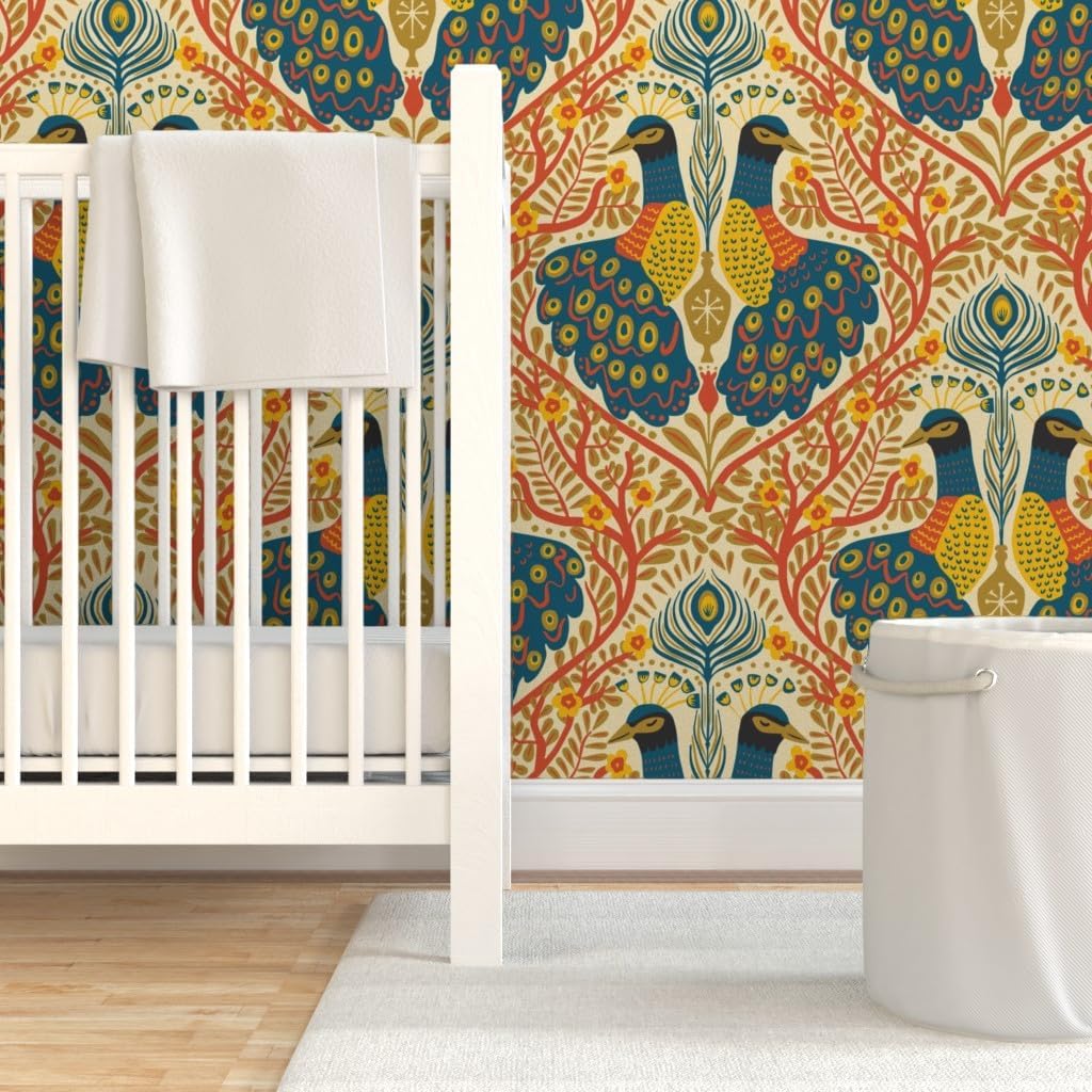 Spoonflower Peel & Stick Wallpaper 3ft x 2ft - Boho Peacock Art Nouveau Maximalist Warm Rust Orange Large Scale Colors Teal Blue Exotic Animal Custom Removable Wallpaper