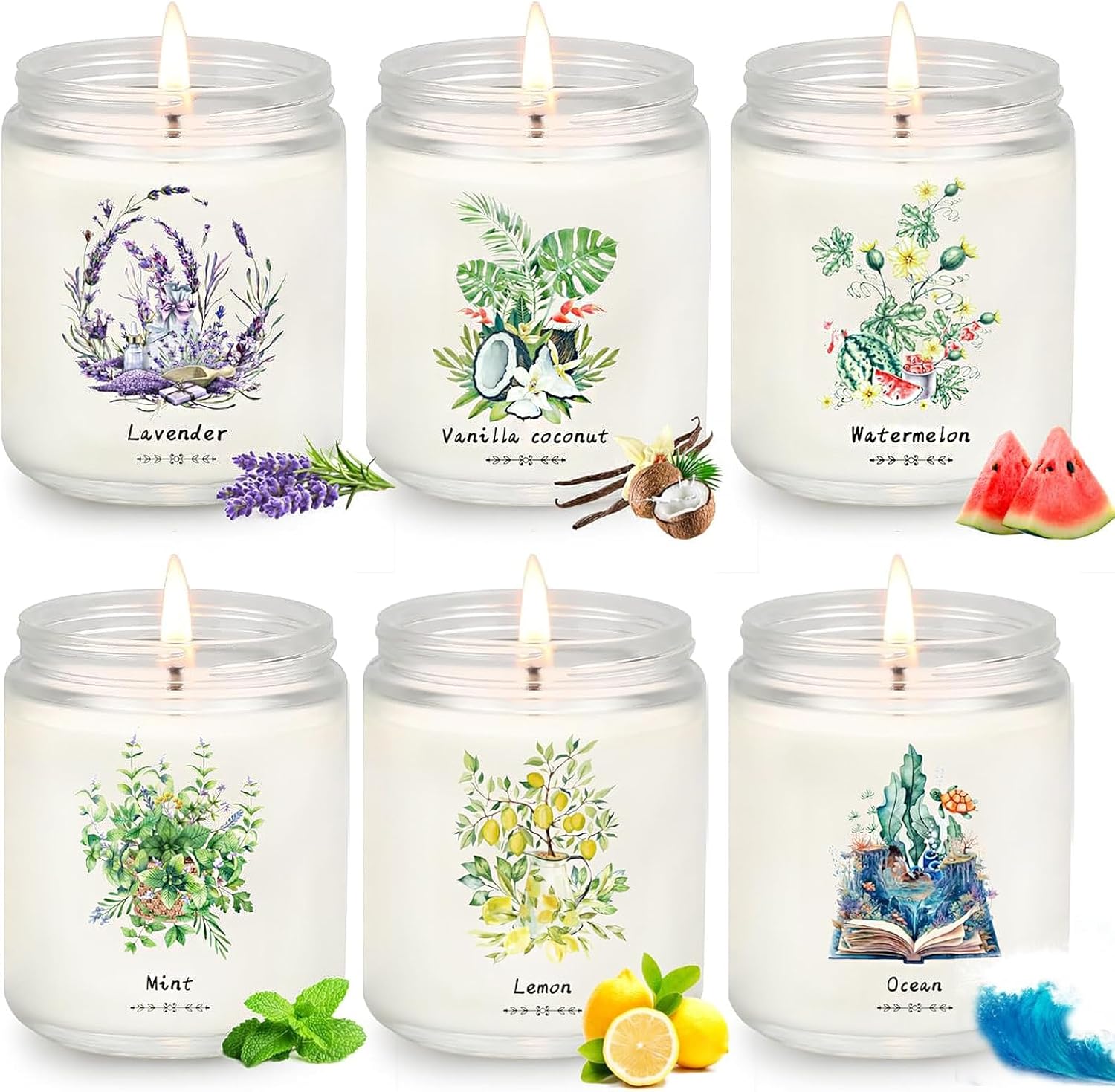 6 Pack Candles for Home Scented, 37.8 oz 300 Hour Long Lasting Aroma Candles,Scented Candles for Women, Natural Non Toxic Soy Candle Gift Set – Lavender/Vanilla Coconut/Lemon/Ocean/Mint/Watermelon