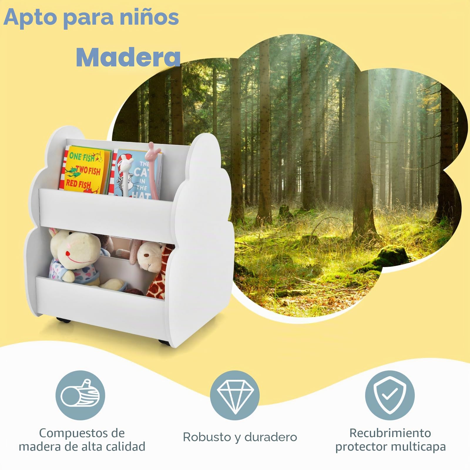 HOMASIS Estantería de Juguetes para Niños con 2 Compartimentos, Estantería de Madera para Niños con 4 Ruedas, Bonita Caja de Juguetes para Guardería, Sala de Juegos y Jardín de Infancia (Blanco)