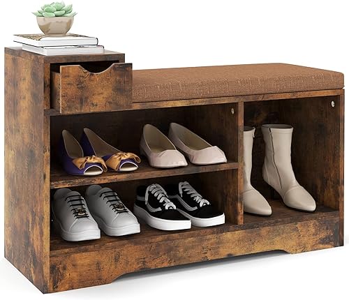 Tangkula Banco de zapatos con cojín y 3 compartimentos, banco de almacenamiento de zapatos de entrada con cajón de almacenamiento pequeño y estante
