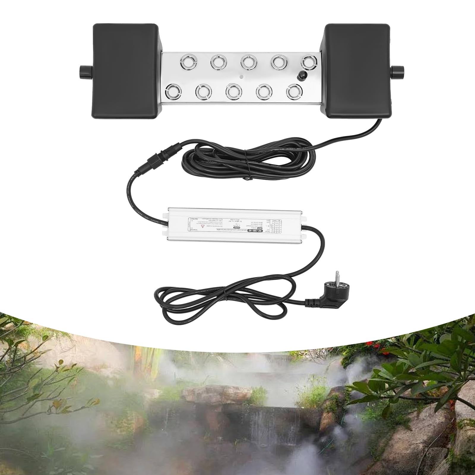 Ultradźwiękowy nebulizator z 10 głowicami, 7 l/h, nawilżacz mgły, ultradźwiękowy nebulizator z wodoszczelnym zasilaczem, do stawów rybnych, ogrodów, dziedzińców itp