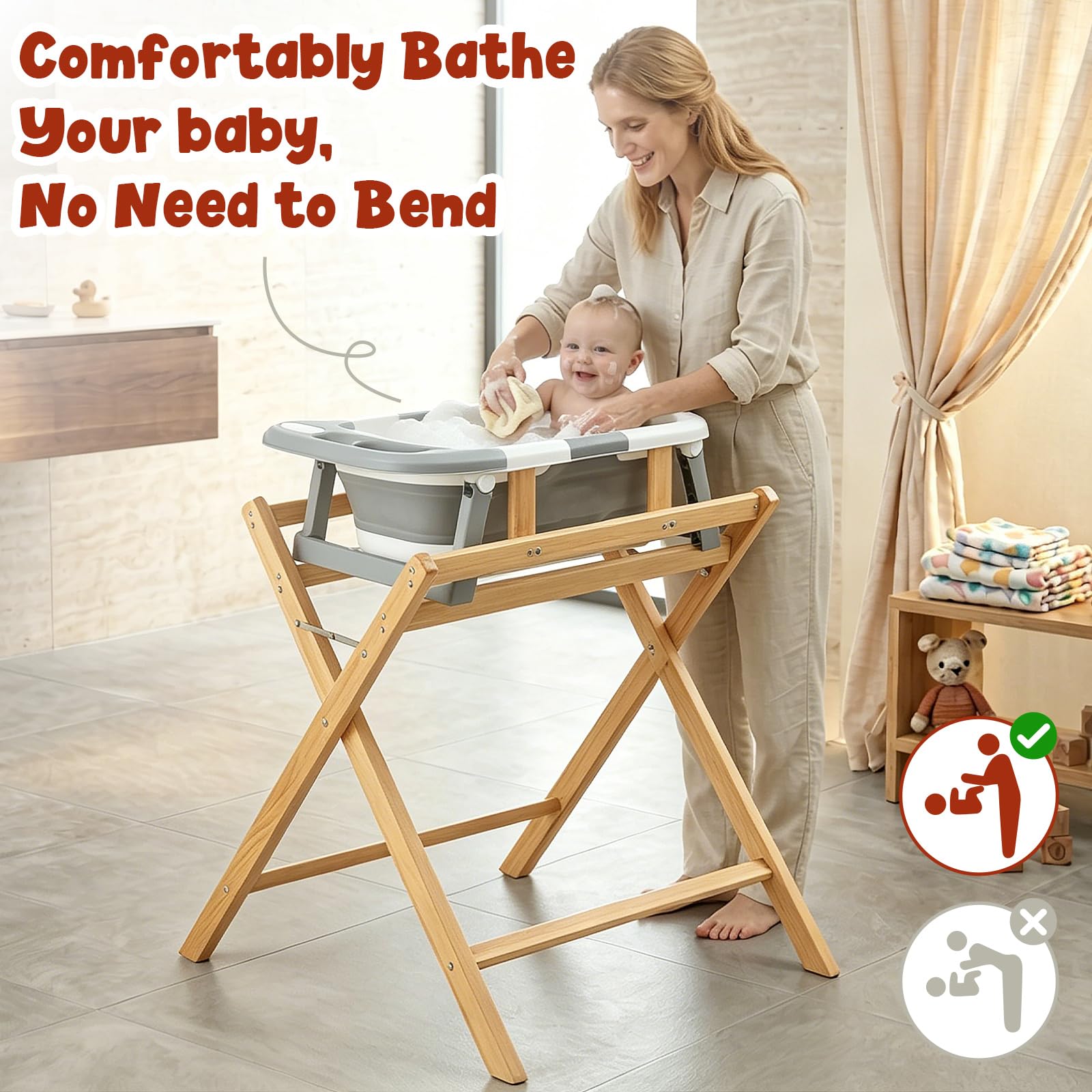 FUNLIO Supporto per vasca da bagno per bebè in legno, supporto pieghevole per bagnetto 0-24 mesi, sicuro e robusto con supporto a 8 punti, vasca per lattanti resistente con rivestimento impermeabile