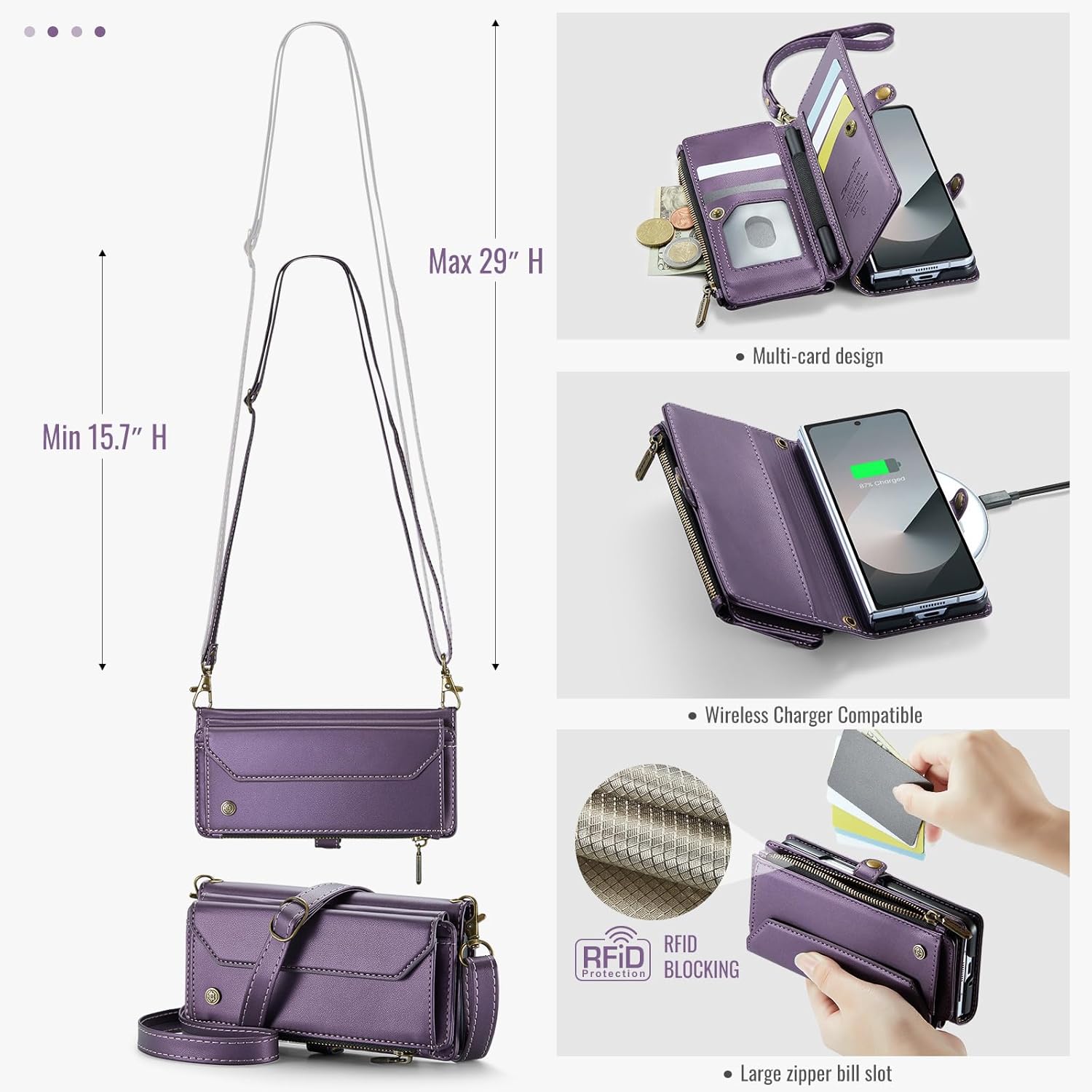 Dteck for Samsung Galaxy Z Fold 6 Flip Wallet Case with Shoulder/Wrist Strap, Built-in Elastic Pen Holder, Card Slots, Pocket, Button Closure, Stand Function, PU Leather Protective Folio Cover, Purple