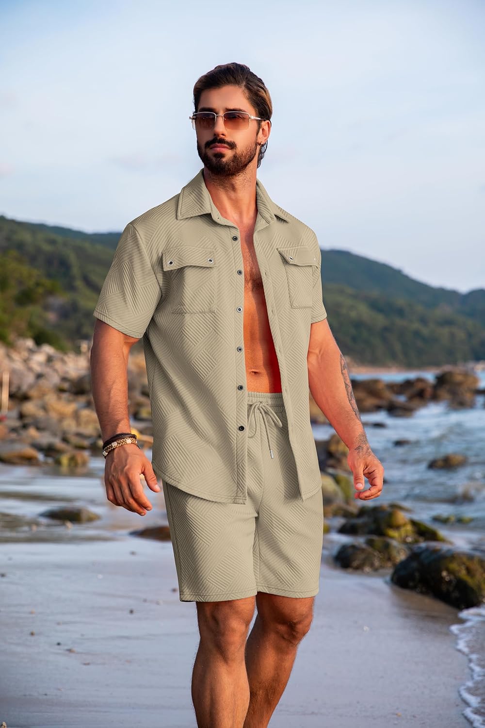 URRU Mens 2 Piece Summer Beach Outfits Textured Short Sets Casual Short Sleeve Button Down Matching Shirt and Shorts Set - Image 2