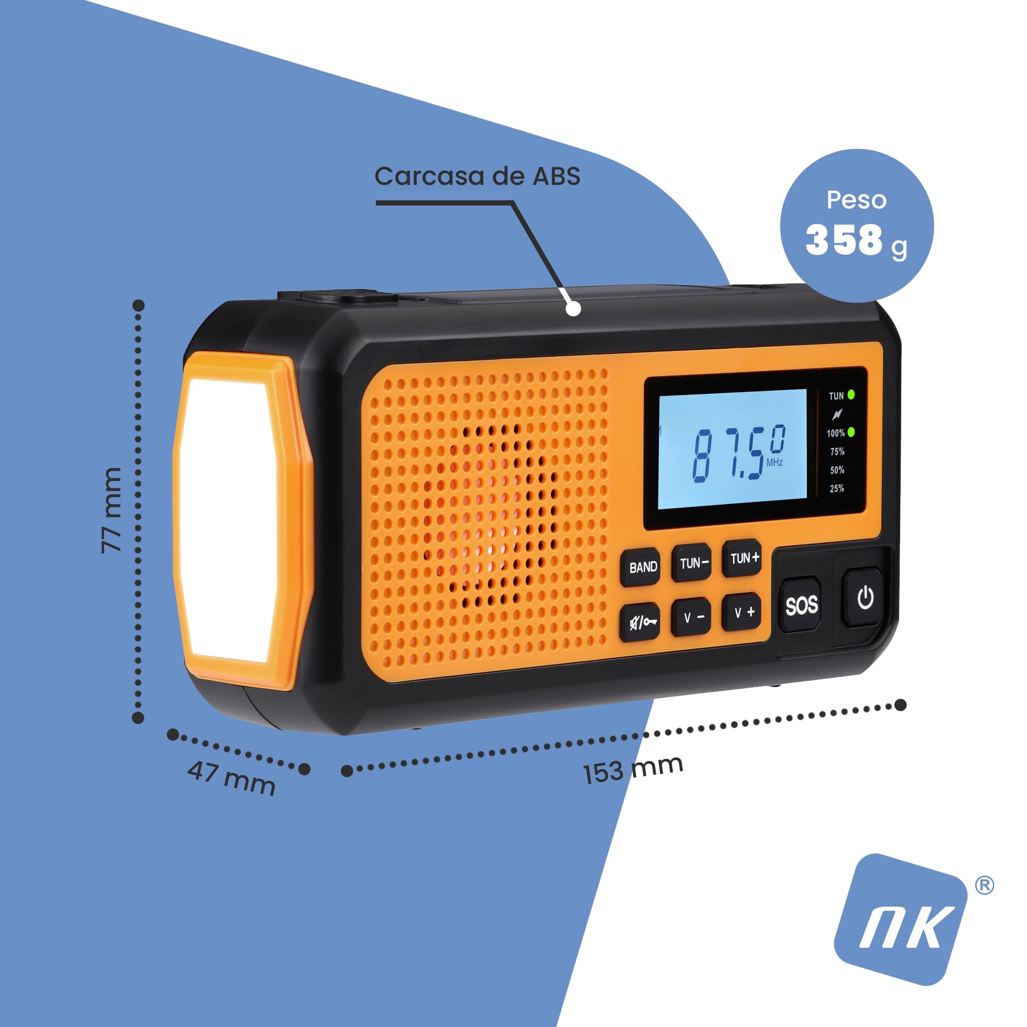 NK Radio Awaryjne Solarne – Power Bank 4000mAh, FM/AM/SW, Latarka LED, Wyświetlacz LCD, Alarm SOS, Korba Ręczna & Ładowanie USB/AAA – Idealne na Camping i Wędrówki