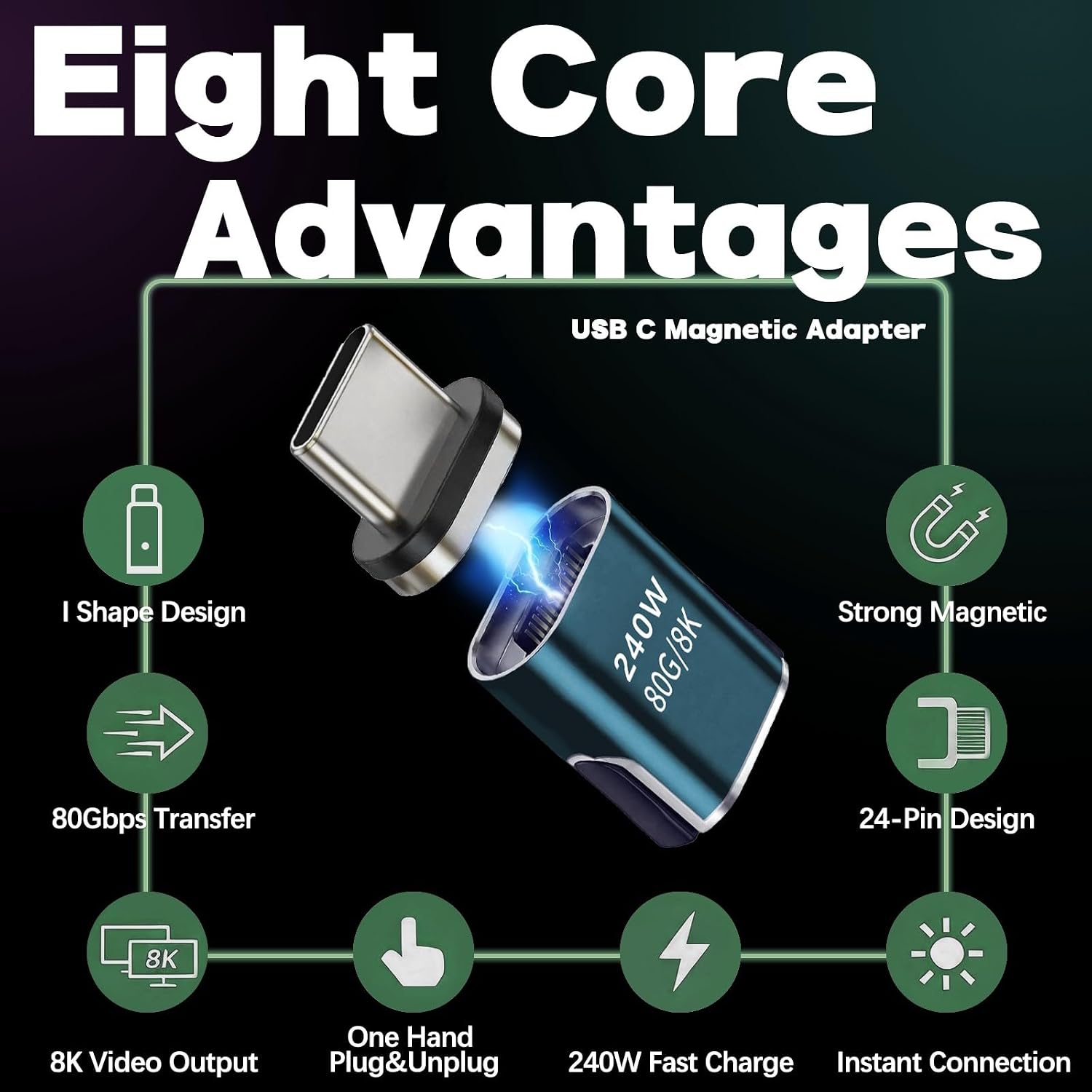 Adapter Magn. USB-C 240W 80Gbps 8K 24-pin Do Laptopa/Tabletu/Smartfona | 2 sztuki, magnetyczne, szybkie ładowanie i przesyłanie danych, kompatybilne z komputerem, telewizorem, monitorem, Plug&Play