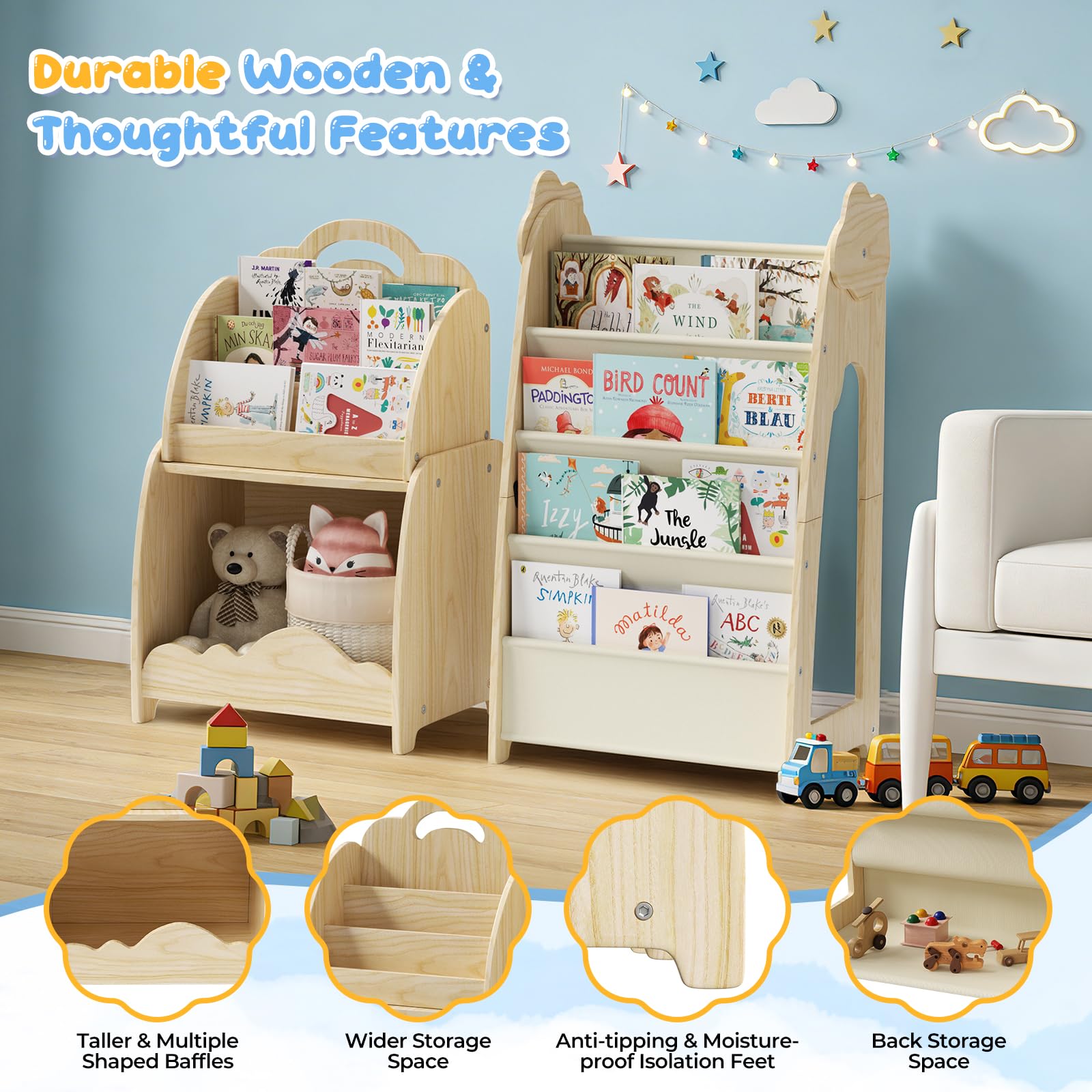 Kinderregal, 3-in-1 Kinderbücherregal und Spielzeugaufbewahrungsregal mit Hängetasche, Tragbares Bücherregal mit Griff, Aufbewahrungsregal aus Holz für Schlafzimmer und Spielzimmer (Abnehmbar)