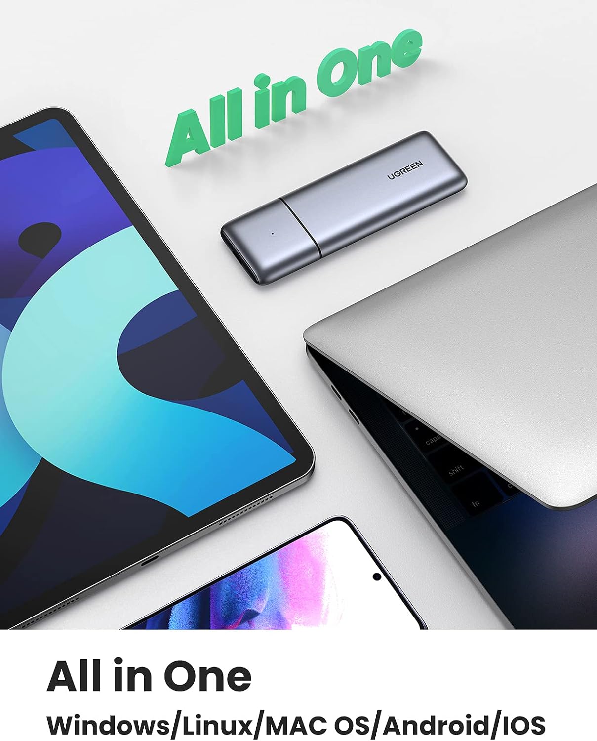 The UGREEN M.2 NVME SATA SSD Enclosure connected to various devices including a tablet, laptop, and smartphone, indicating 'All in One' compatibility with Windows, Linux, MAC OS, Android, and iOS.