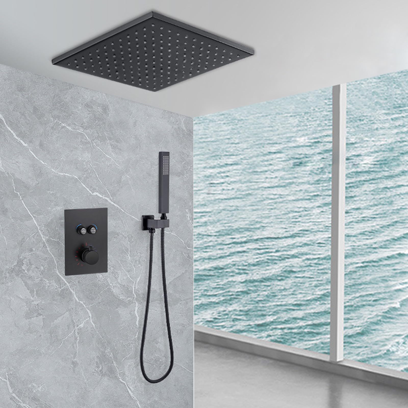 Pommeau de douche effet pluie en laiton noir ensemble avec tuyau pour salle de bain