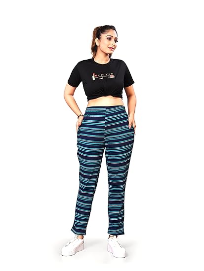 Women's Cotton Flannel Pyjamas with Two Side Pockets Lounge Pants Bottom Relaxed Striped Pajama