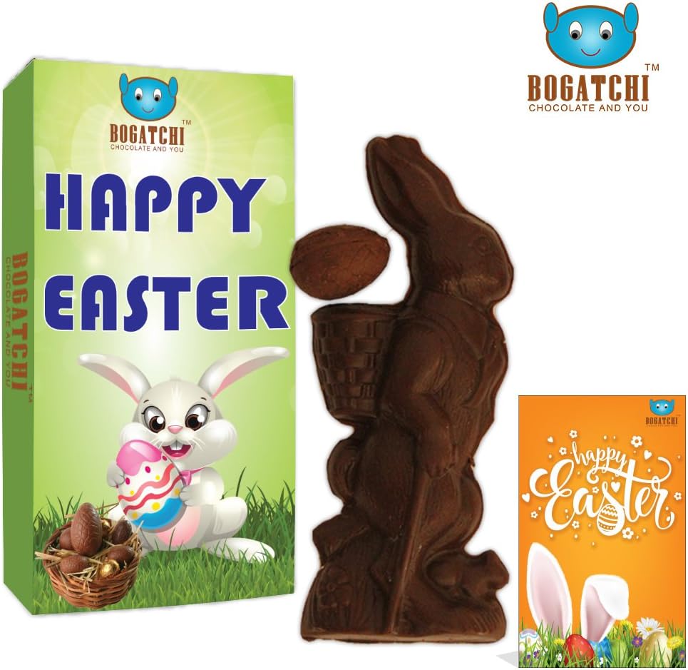 BOGATCHI Dark Chocolate Big Bunny with 1 Easter Egg - Dark Chocolate + Free - Happy Easter Greeting Card