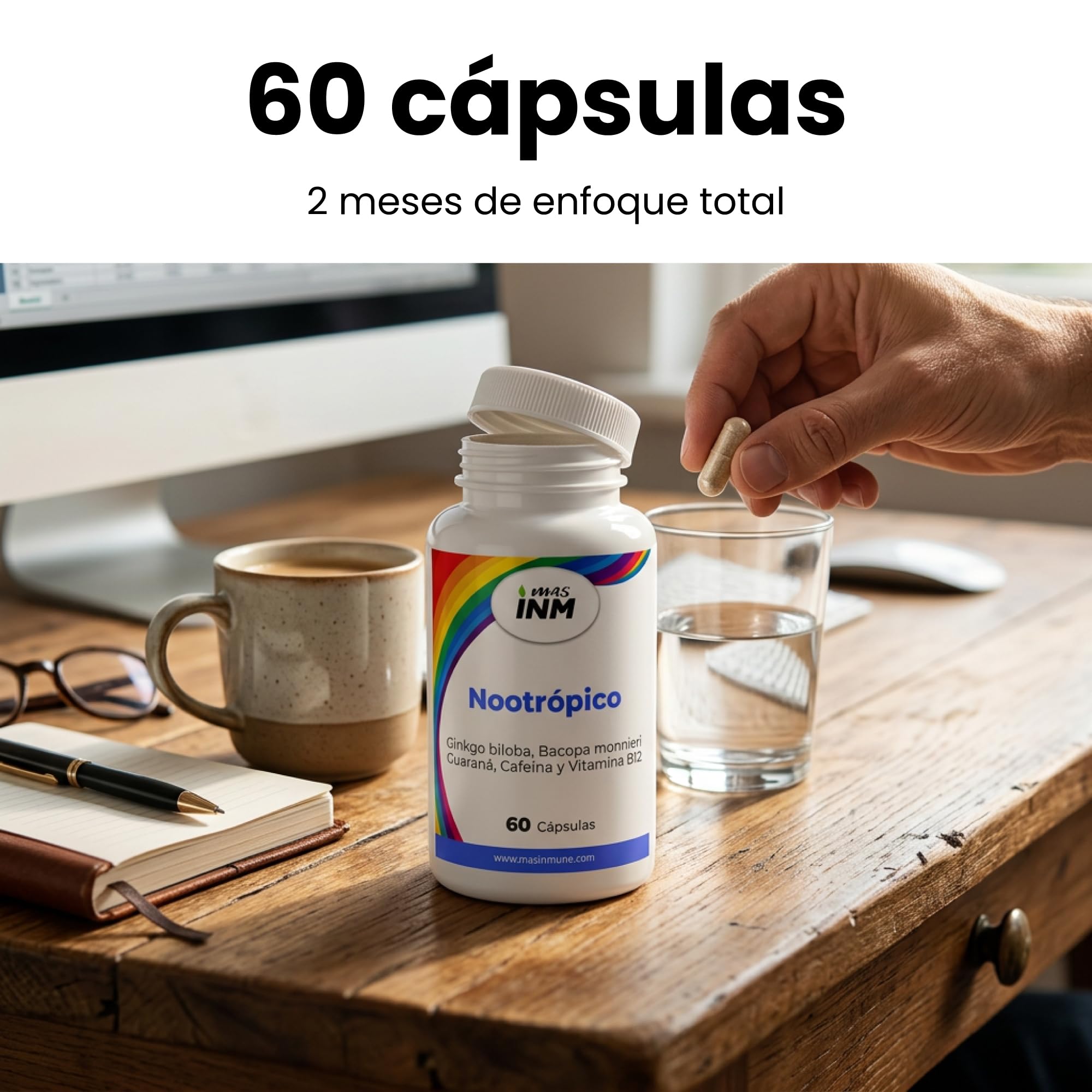 Nootrópico Natural con Ginkgo Biloba y Bacopa Monnieri – 60 Cápsulas – con Guaraná, Cafeína y Vitamina B12 – Pastillas Memoria y Concentración, Apoya el Sistema Nervioso - Sin aditivos