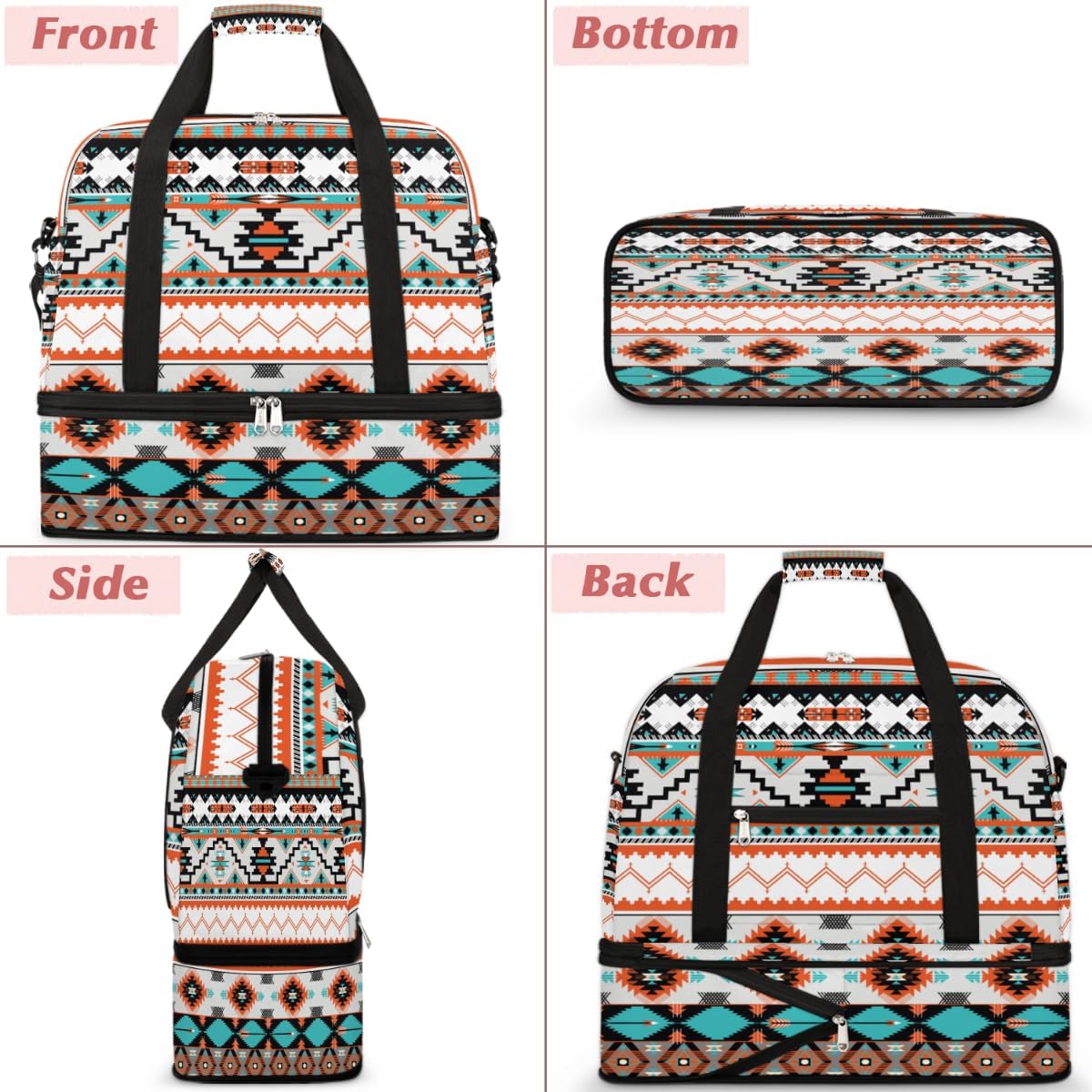 Travel Duffle Bags With Shoes Compartment for Women Men Aztec Western Ethnic Geometric Lightweigh Sports Tote Gym Bag Foldable Canvas Weekender Overnight Carry On Luggage Handle Bag