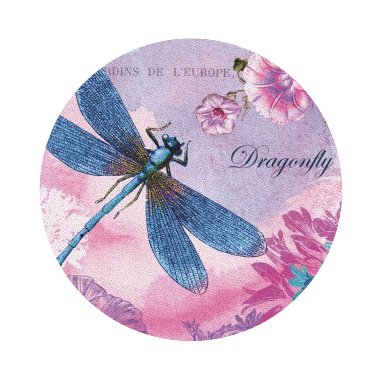 Pink flower and dragonfly PU Leather Coasters Set of 6 Round Drink Coasters