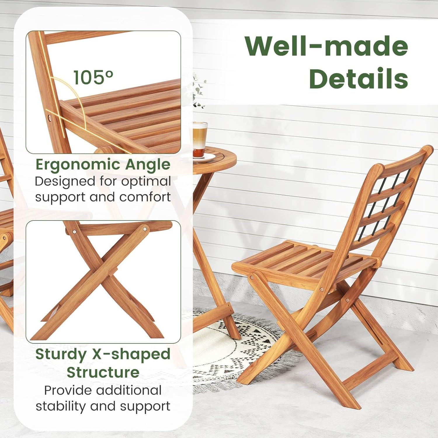 3 PCS Acacia Wood Patio Bistro Set Durable Folding Table and Chairs Set with Cushions