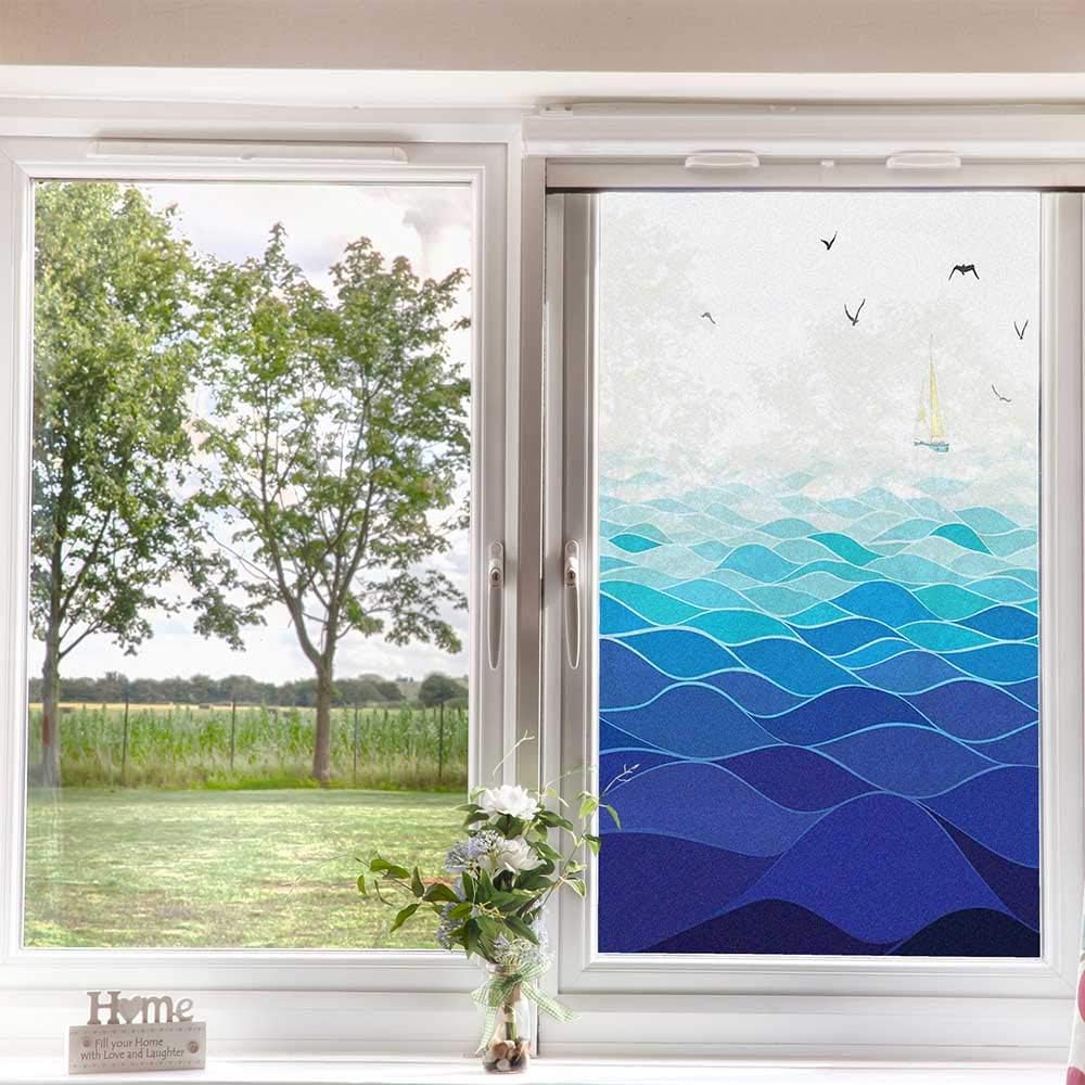 Aqua Window Film Window Film 3D,Graphic Ocean Waves Sailboat with Birds Seagulls Seascape Horizon Maritime Home Office for Home Kitchen Office,Navy Blue 24 inch x 36 inch
