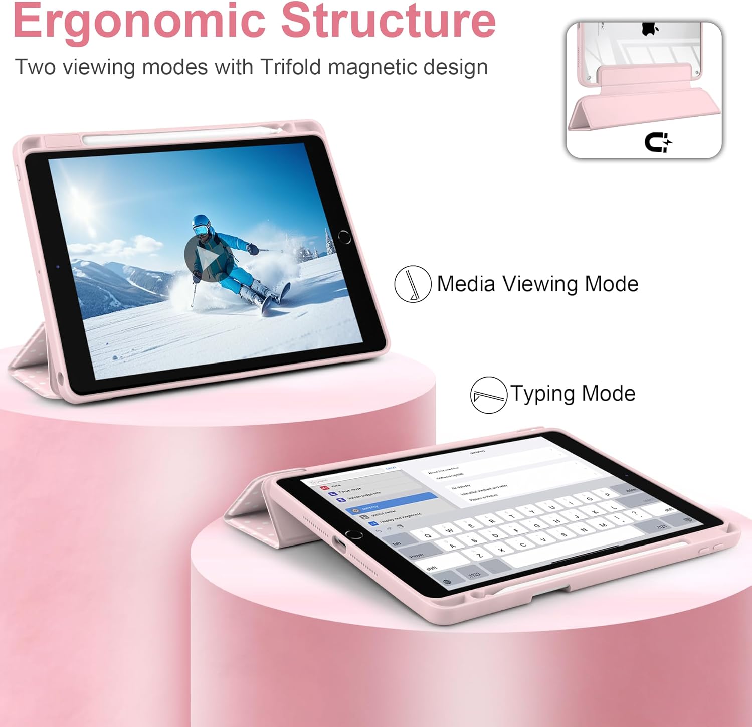 for iPad 9th 8th 7th Generation 10.2 Inch 2021 2020 2019 Case -[Built-in Pencil Holder], Shockproof Clear Hard Back, Slim Trifold Stand, Auto Wake/Sleep, for Girls teen Women, Pink white dot