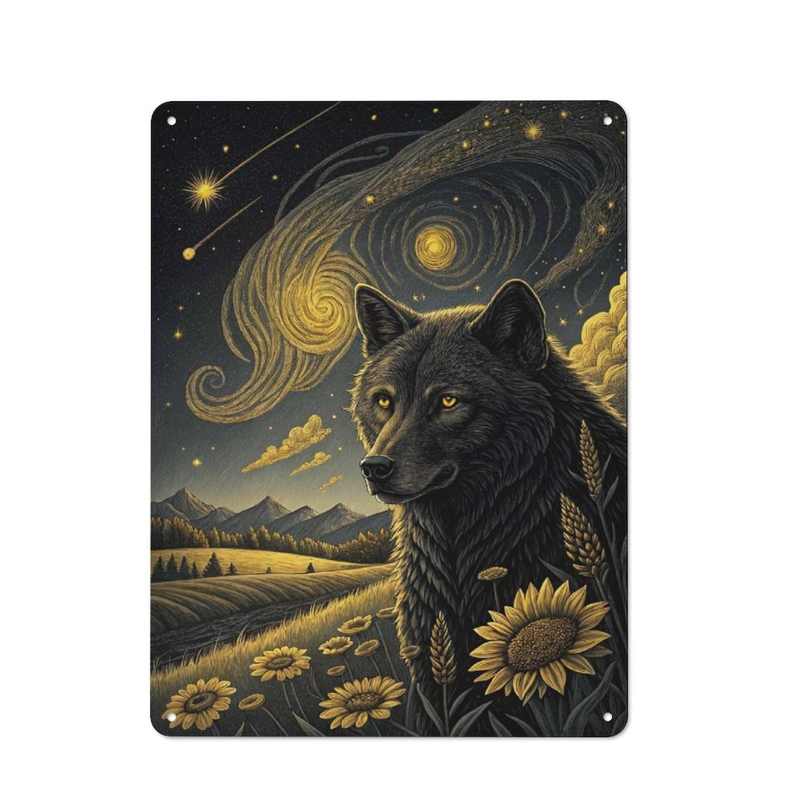 Junmoney Style-19 Wolf Under A Starry Sky Retro Metal Plaque 40X30cm For Living Room Or Hallway, Suited To Hallway Decor Fans