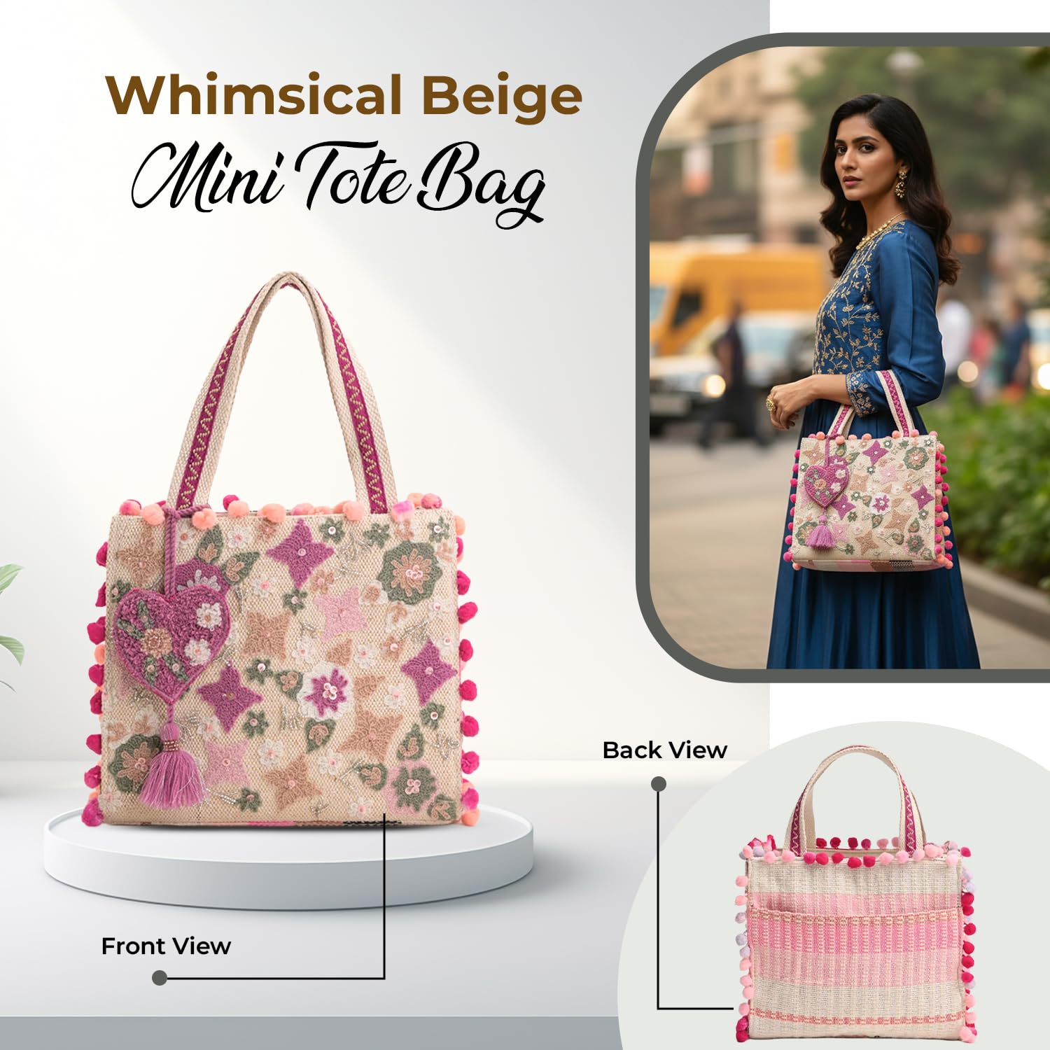 Boho Girl Mini Tote Bag for Women Whimsical Jacquard Handbag with Adjustable Strap Stylish and Elegant Ladies Crossbody Shoulder Purse, Sling Bag Perfect Birthday, Anniversary and Wedding Gift 3