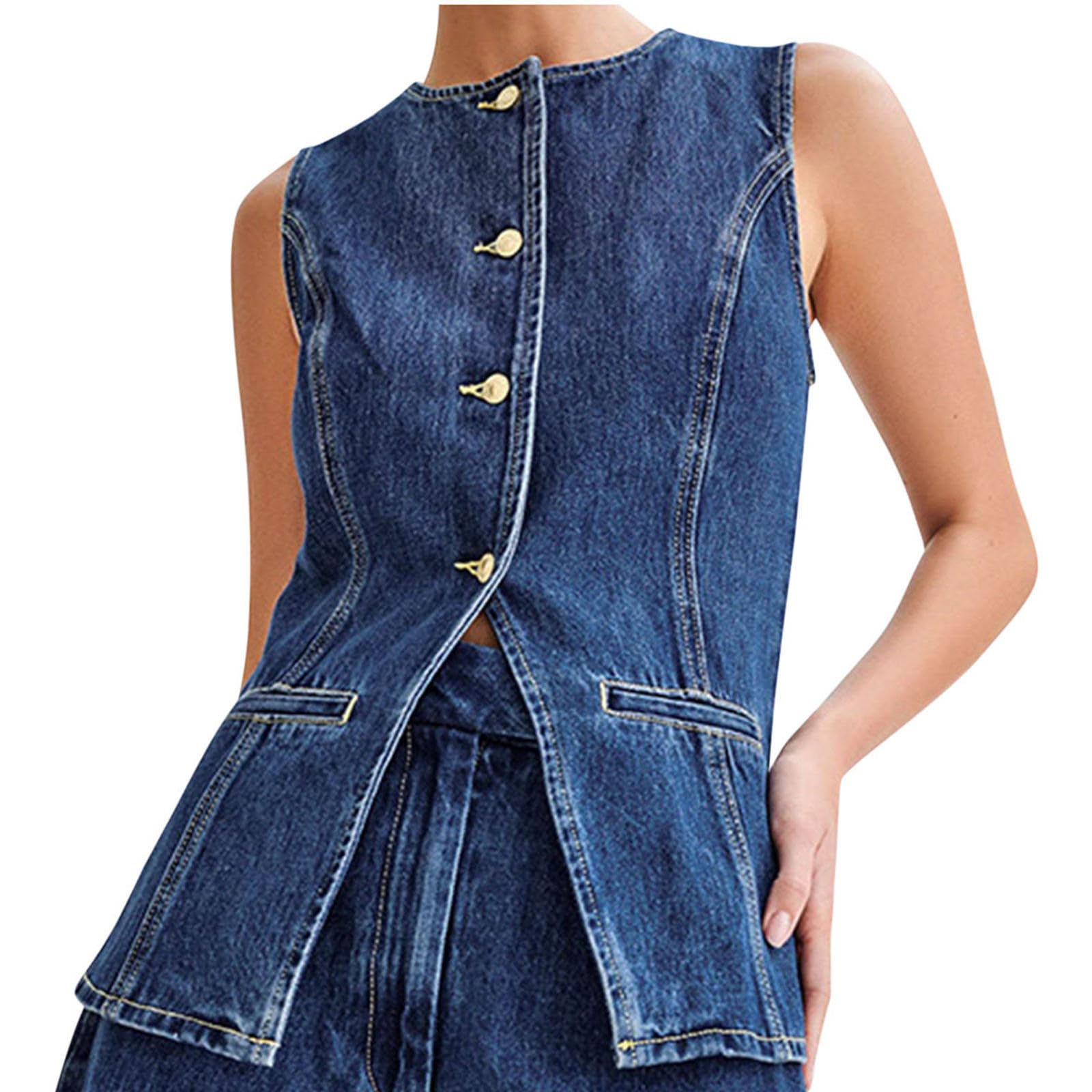 Women's Denim Casual Business Sleeveless Jean Vest Tops Casual Fall Winter Solid Color Button Down Jacket Outerwear
