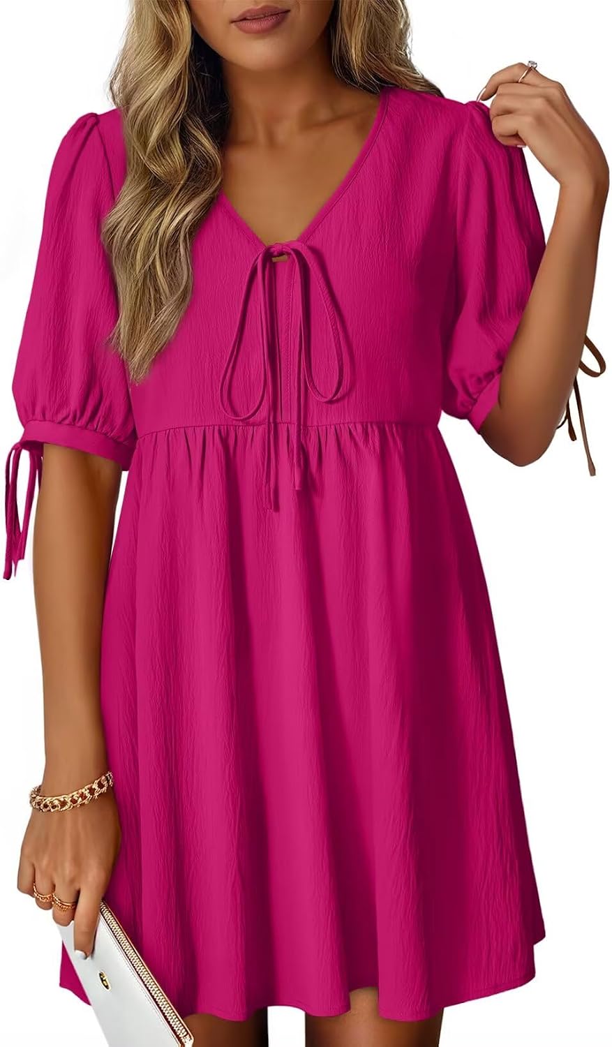 Dokotoo Summer Dresses for Women 2026 Casual V Neck Bow Tie Short Sleeve Empire Waist A-Line Mini Dress