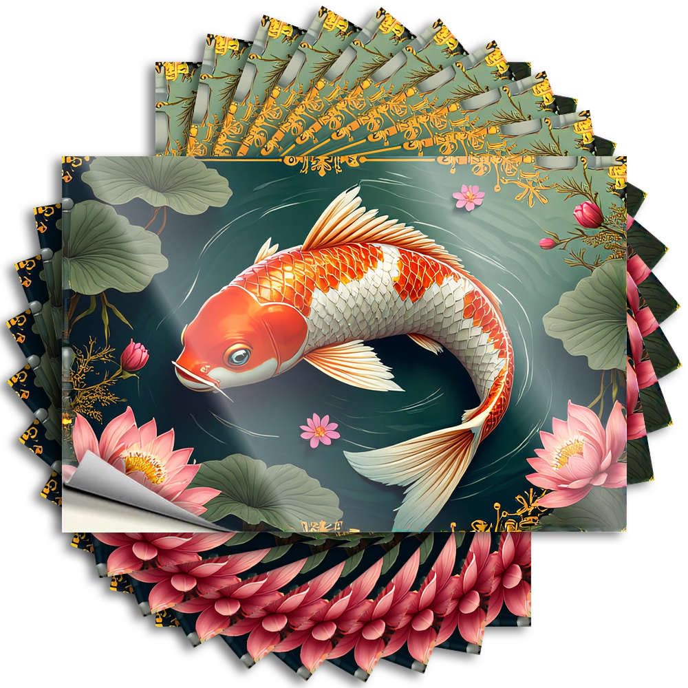 Decal Decor Waterproof Vinyl Sticker | A Colorful Koi Fish Swims Among Lotus Flowers Inspirational Water for Coffee DIY Projects(8X12CM)