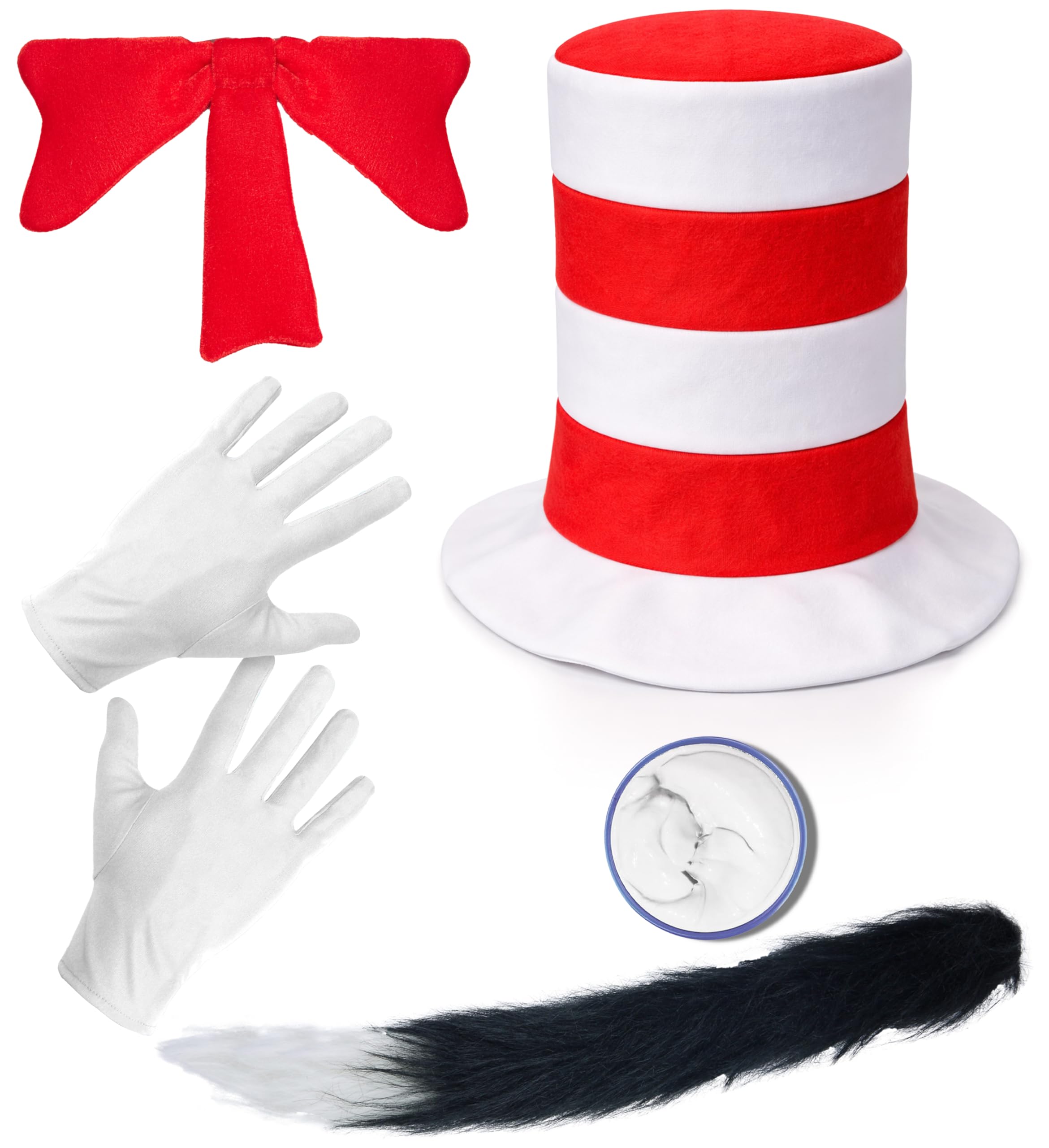 Mega_Jumble® Adult Crazy Cat Costume Set Hat Gloves Bowtie Tail and White Paint World Book Day/Week Theme Party Cosplay Fancy Dress