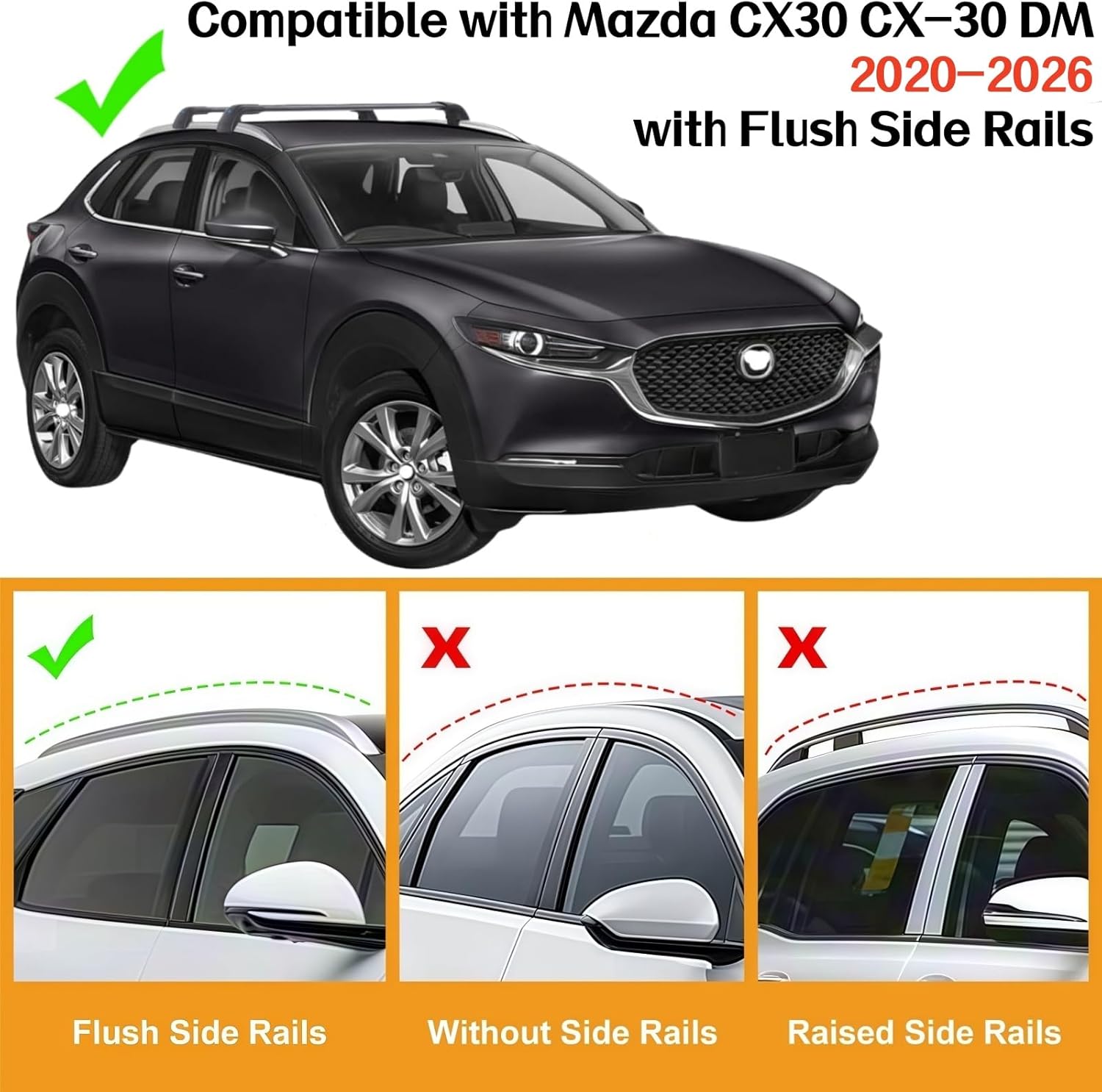 SYDSZ Cross Bar Roof Rack Fit for Mazda CX30 CX-30 DM 2020 2021 2022 2023 2024 2025 2026, Flush Side Rails, Heavy Duty Aluminum Roof Cross Bars Rooftop Luggage Rack, Ski Rack for Car Roof