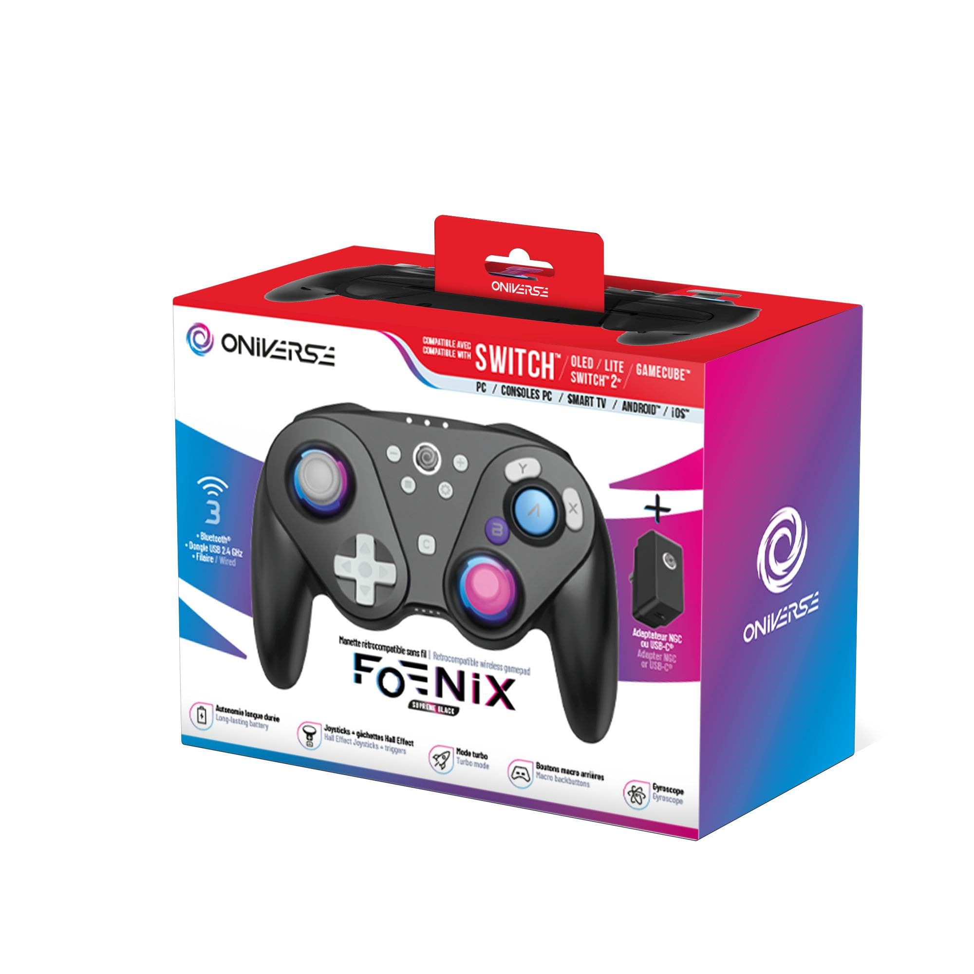 Oniverse Manette sans fil pour Switch/Switch 2/Gamecube/PC/Mobile, Autonomie 13h, Joysticks et gâchettes Hall Effect, Gyroscope, boutons macro, Mode Turbo, 4 modes LED - Foenix (Noir)