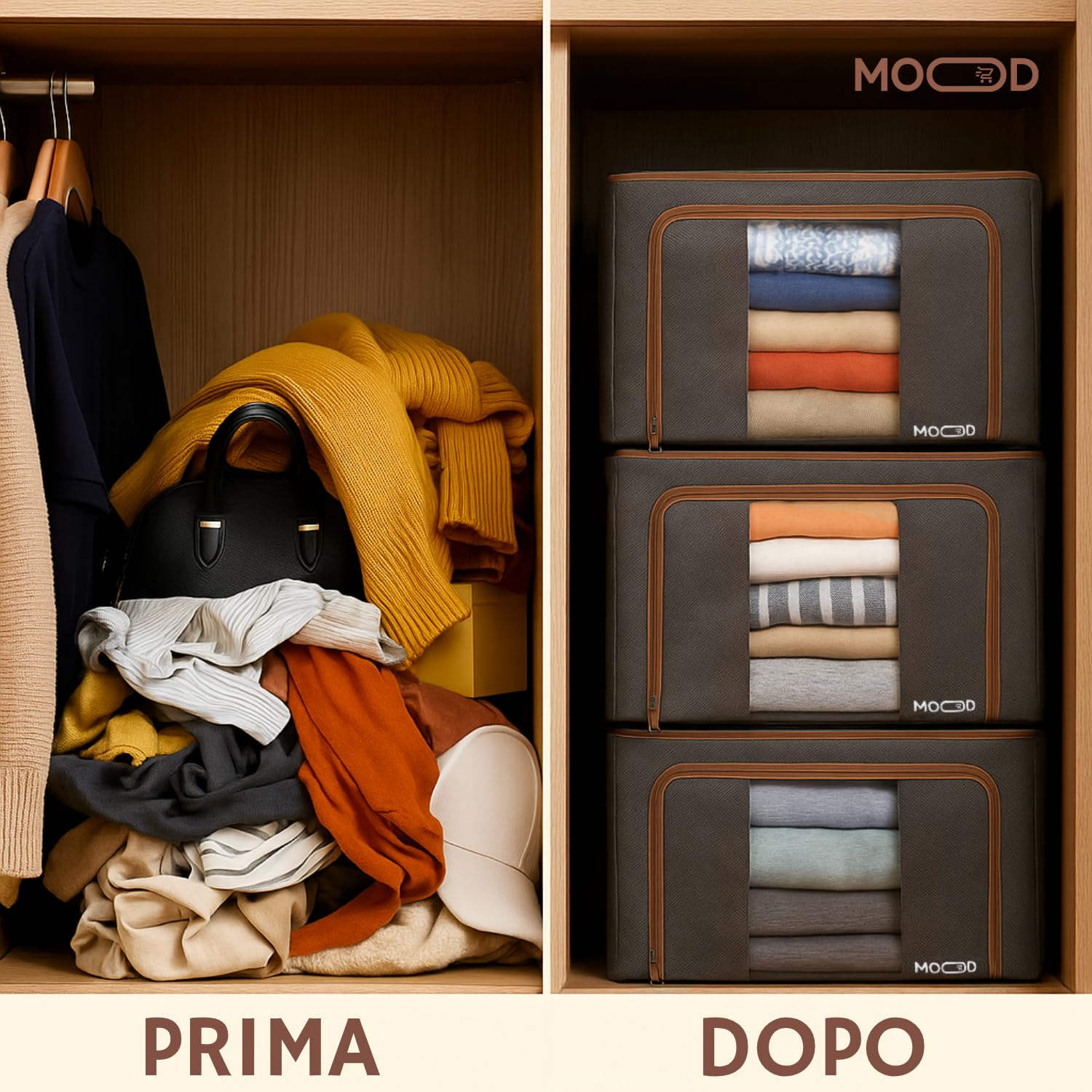 Generico Set 2 scatole per armadio rigide 52x42x33 cm, 132L totali - Tessuto impermeabile e resistente all'umidità, Organizer armadio impilabili con maniglie in acciaio e finestra trasparente