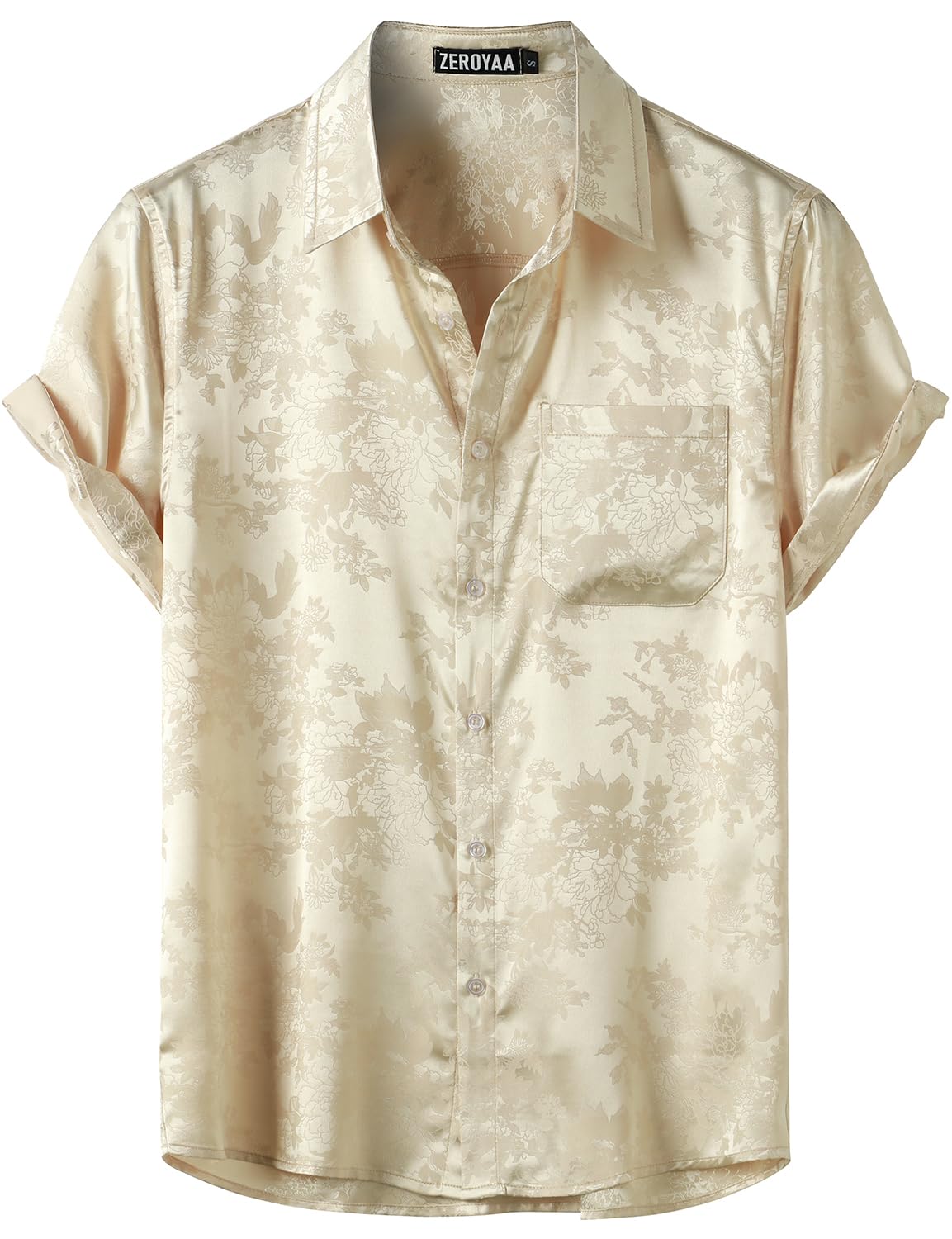 ZEROYAA Men's Shiny Luxury Silk Satin Floral Jacquard Short Sleeve Regular Fit Button Down Shirt for Party Prom