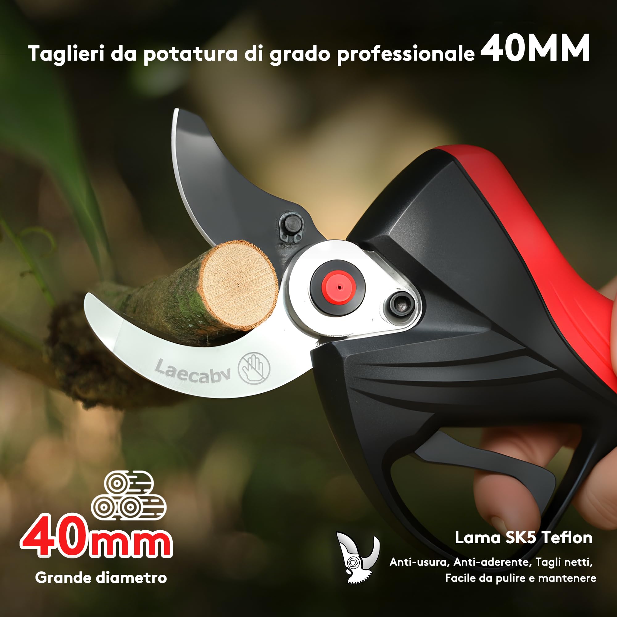 Laecabv Forbici Potatura a Batteria Professionali LA40Pro, 40mm Taglio Progressivo, Lama SK5 Teflon, Display LCD, 2x4.0Ah Batterie (12h), Cesoie Elettriche con Fodero per Olivi e Vigneto
