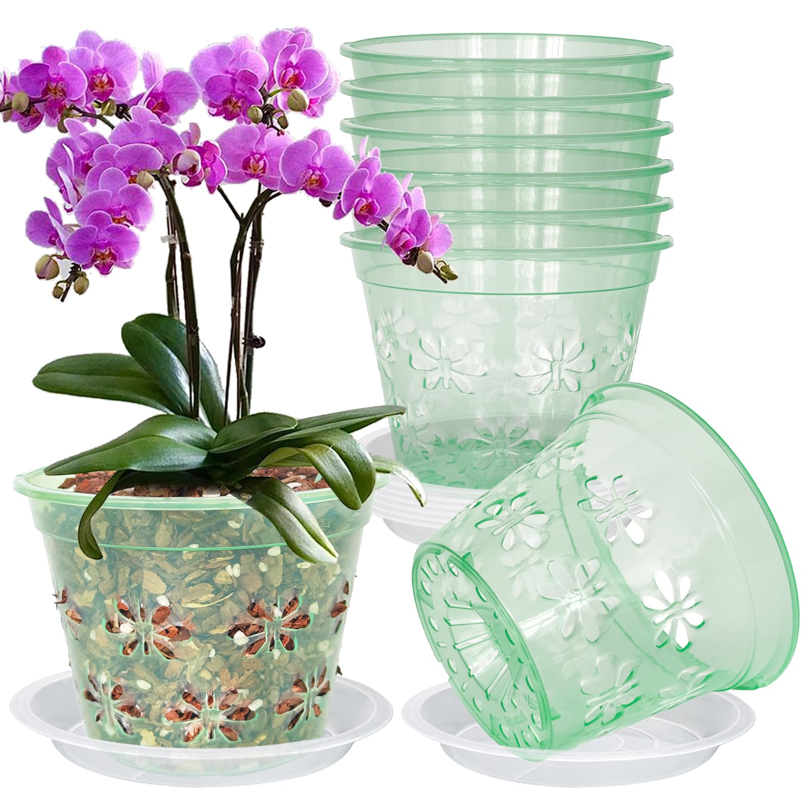 Orchid Pot, 8 Pack Orchid Pots with Holes & Saucers, Clear Plastic Pot for Repotting, Breathable Ventilation Planters for Phalaenopsis, Dendrobium & Oncidium Orchids(7 inch, Green)