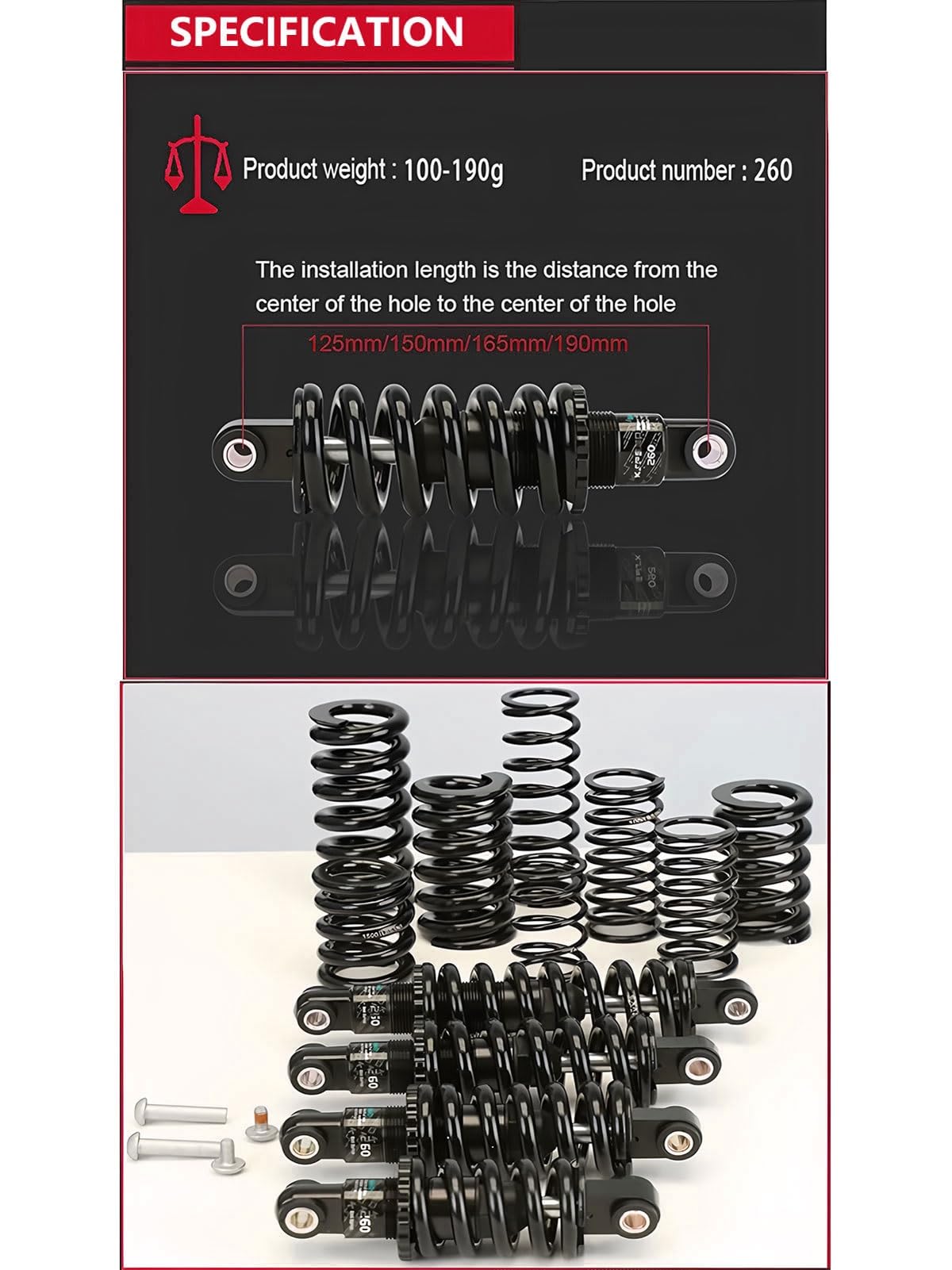Amortiguador Trasero para Bicicleta de montaña, 125 mm, 150 mm, 165 mm, 190 mm, Resorte helicoidal Ajustable, 150-2000 LB, suspensión para MTB/E-Bike/XC