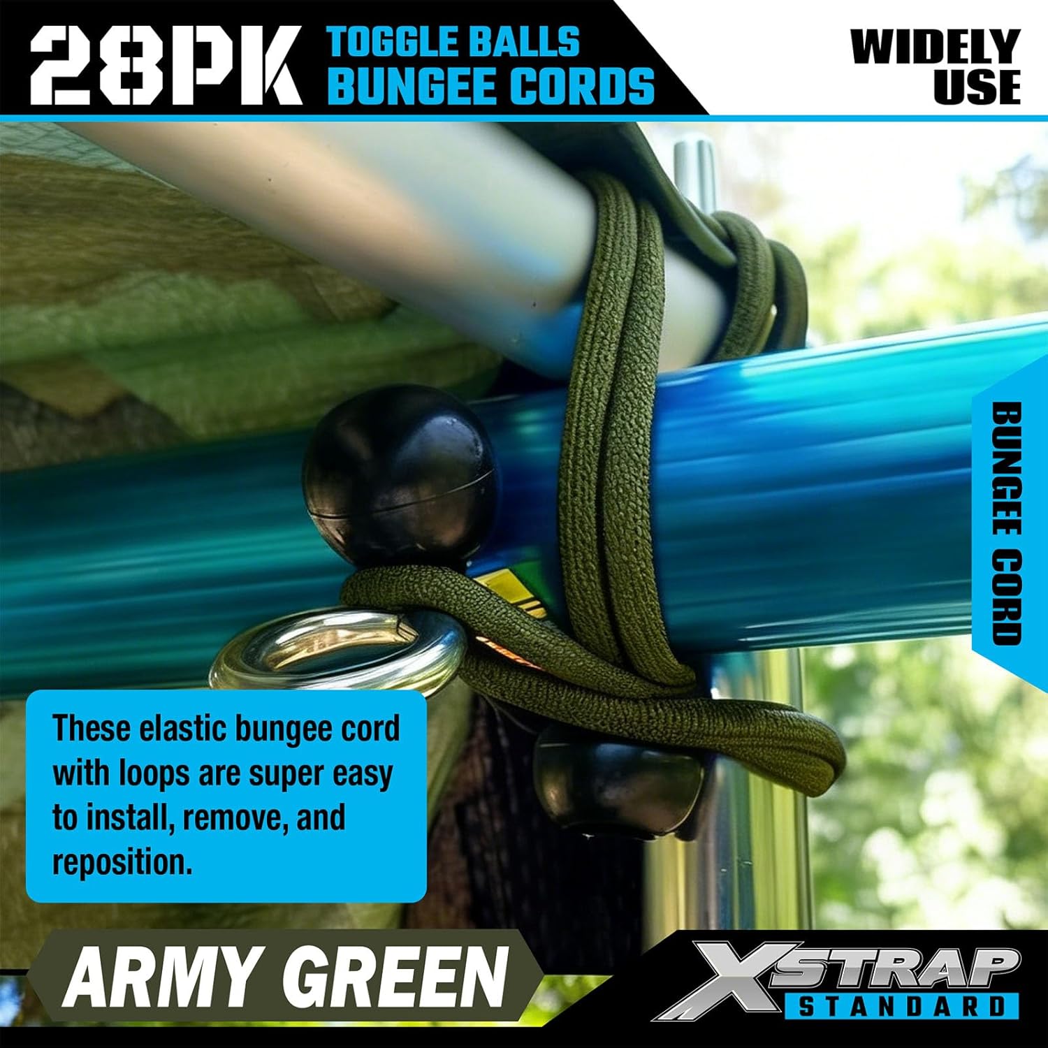 XSTRAP STANDARD 28 Pack Heavy Duty 9 Inch Ball Bungee Cords, Tarp Tie Down Bungee Balls for Canopy, Tent, Cargo, Wires & Hoses in Army Green