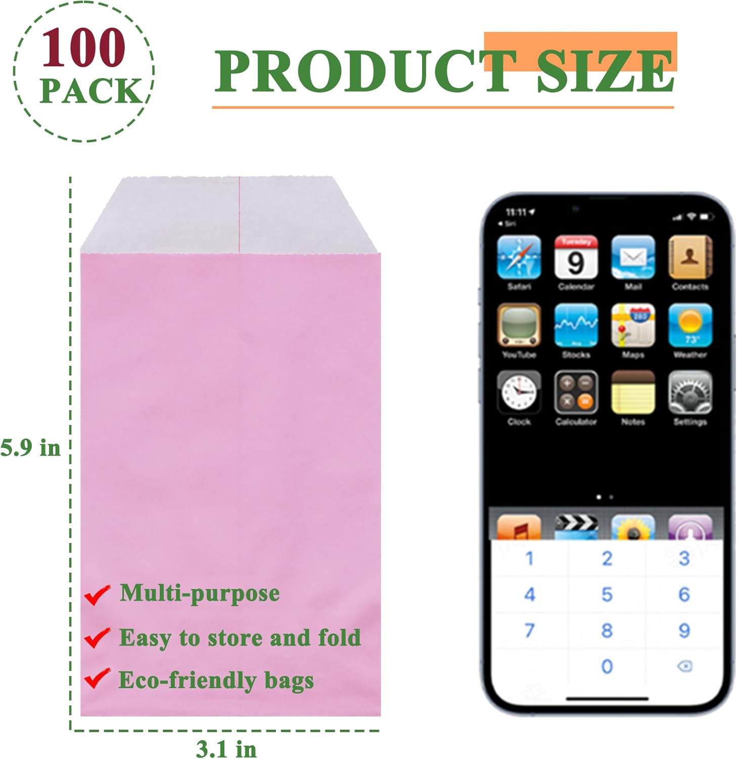 Pink paper bag with dimensions 5.9 inches height and 3.1 inches width, next to a smartphone for scale. Text highlights '100 PACK' and 'PRODUCT SIZE'.