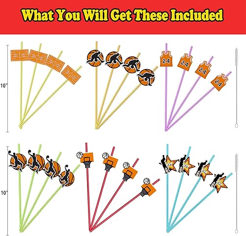 Miniatura 2 de 24 popotes rectos reutilizables con temática de baloncesto para regalo de fiesta de baloncesto, bebida diaria, fiesta de cumpleaños, reuniones de