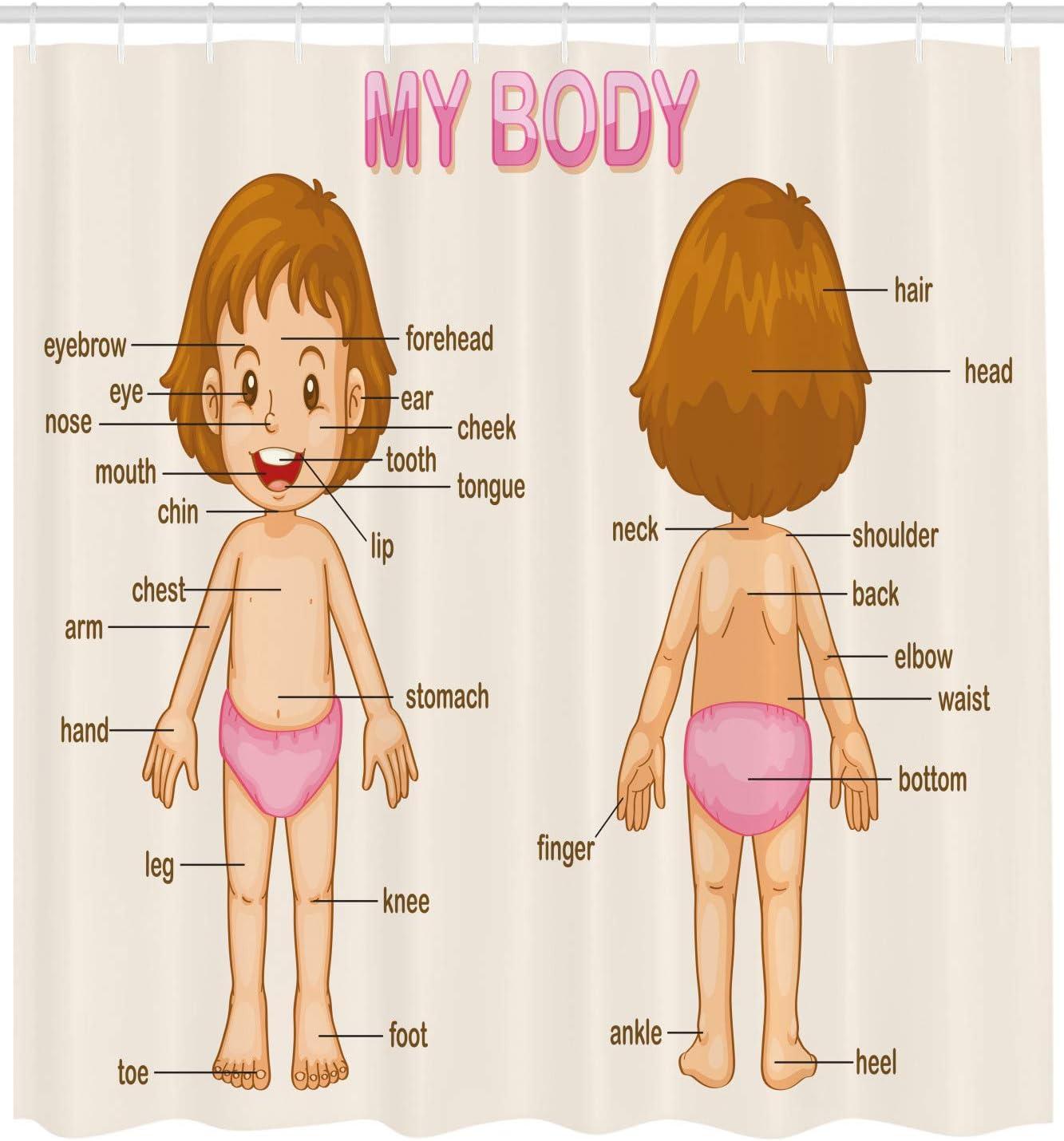 Ambesonne Science Shower Curtain, Little Cartoon Girl Body Parts Science, Cloth Fabric Bathroom Decor Set with Hooks, 69" W x 84" L, Pale Pink Brown Cream