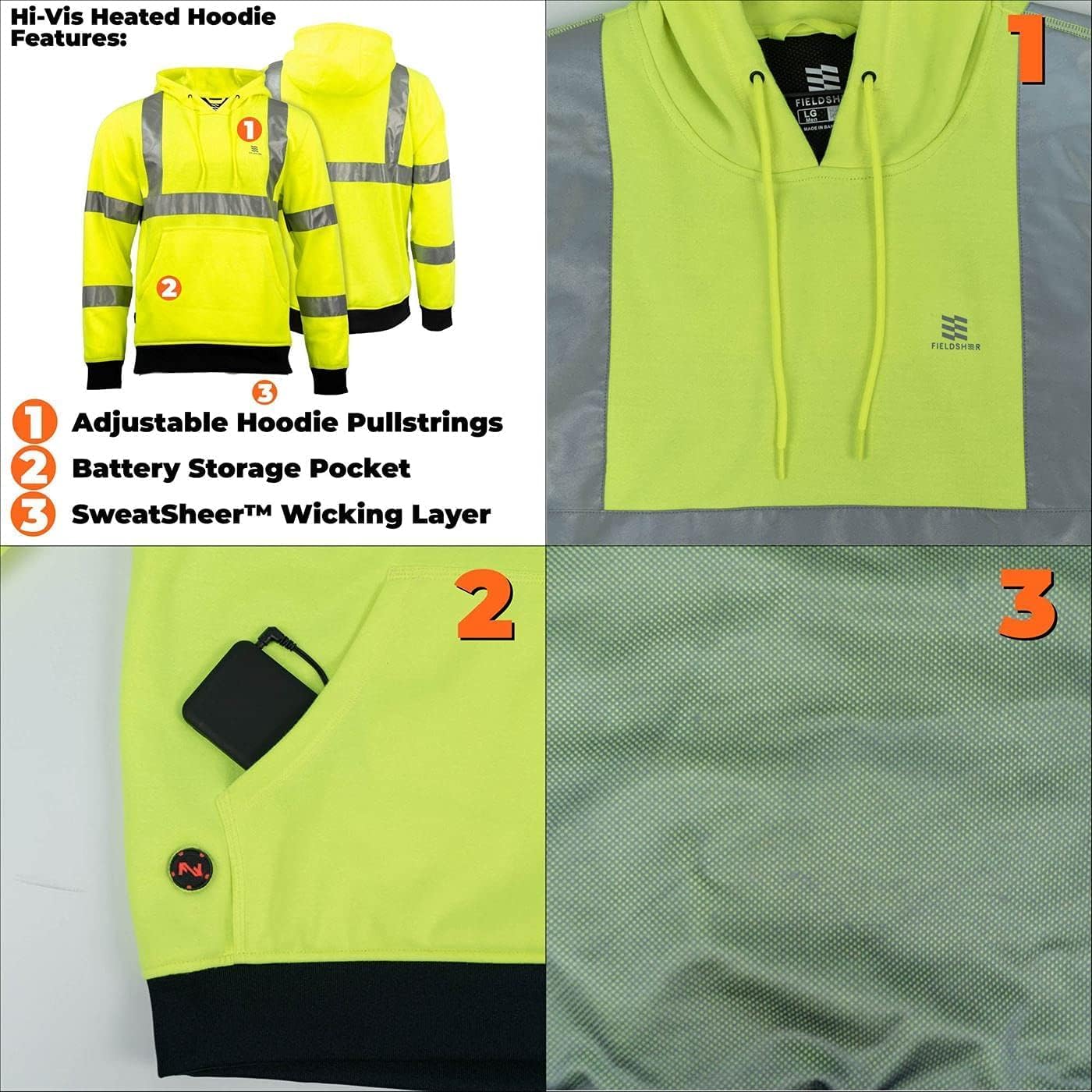 Fieldsheer Hi-Vis Pullover Heated Hoodie for Men with Multi-Zone Heating Elements and Four Heat Settings - ANSI Certified