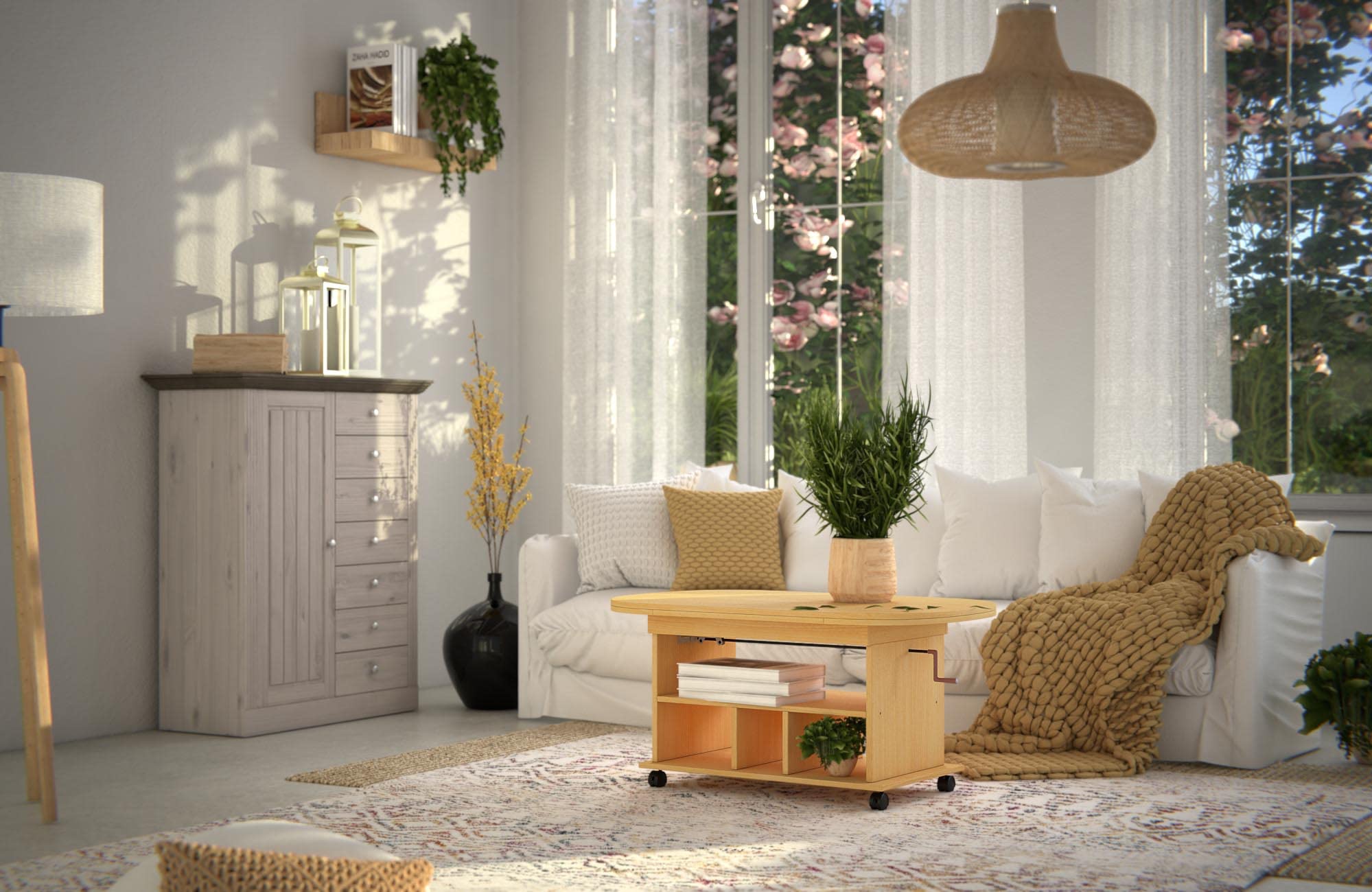 Hela Tische, Babsi - Mesa Auxiliar (Material Compuesto de Madera, Revestimiento de Melamina, Diseño de Haya, Altura Regulable 53-63 cm, Extensible 107-157 cm, con Ruedas)