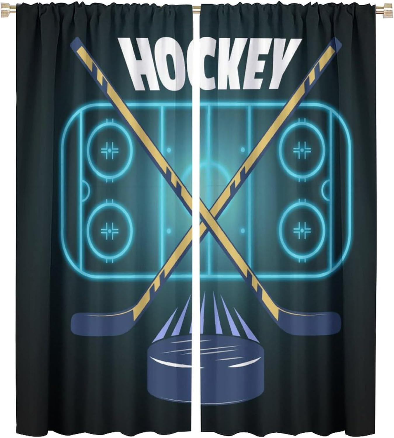 Sports Theme Ice Hockey Rod Pocket Blackout Curtains for Living Room, Noise Reduction Abstract Modern Hockey Stadium Rustic Stick Balls Window Treatment, 2 Panels 54" L x 21" W