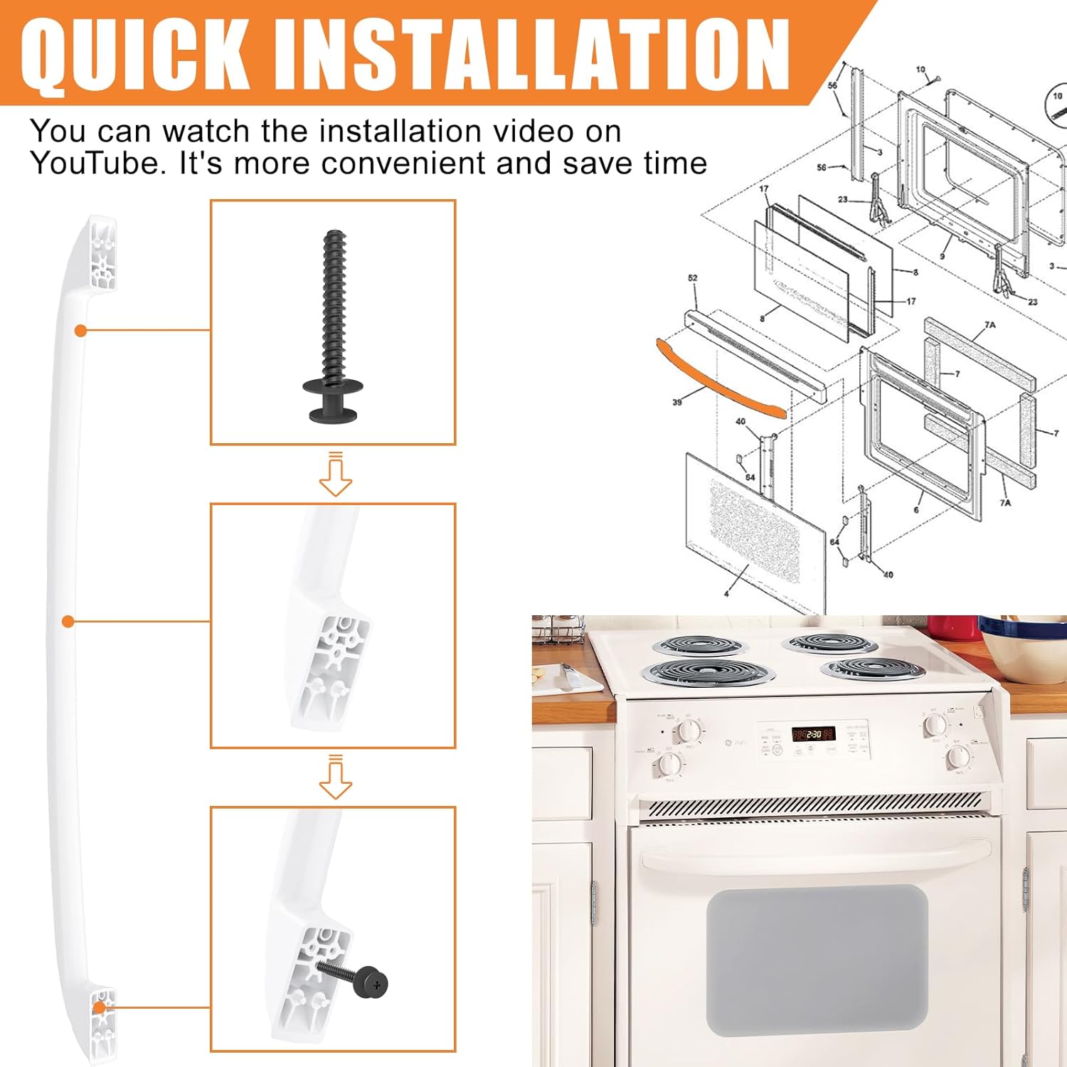 Upgraded WB15X10048 Oven Handle Compatible with GE Hotpoint Oven Handle Replacement White General Electric Range Stove Parts AP2021197 JGBP30WEA1WW JBP24WB4WW Parts with Screws