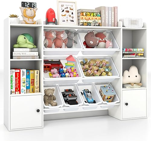 Miniatura 12 de Costzon Organizador de almacenamiento de juguetes para niños con 8 contenedores, estantería de madera para niños pequeños con estantes abiertos y