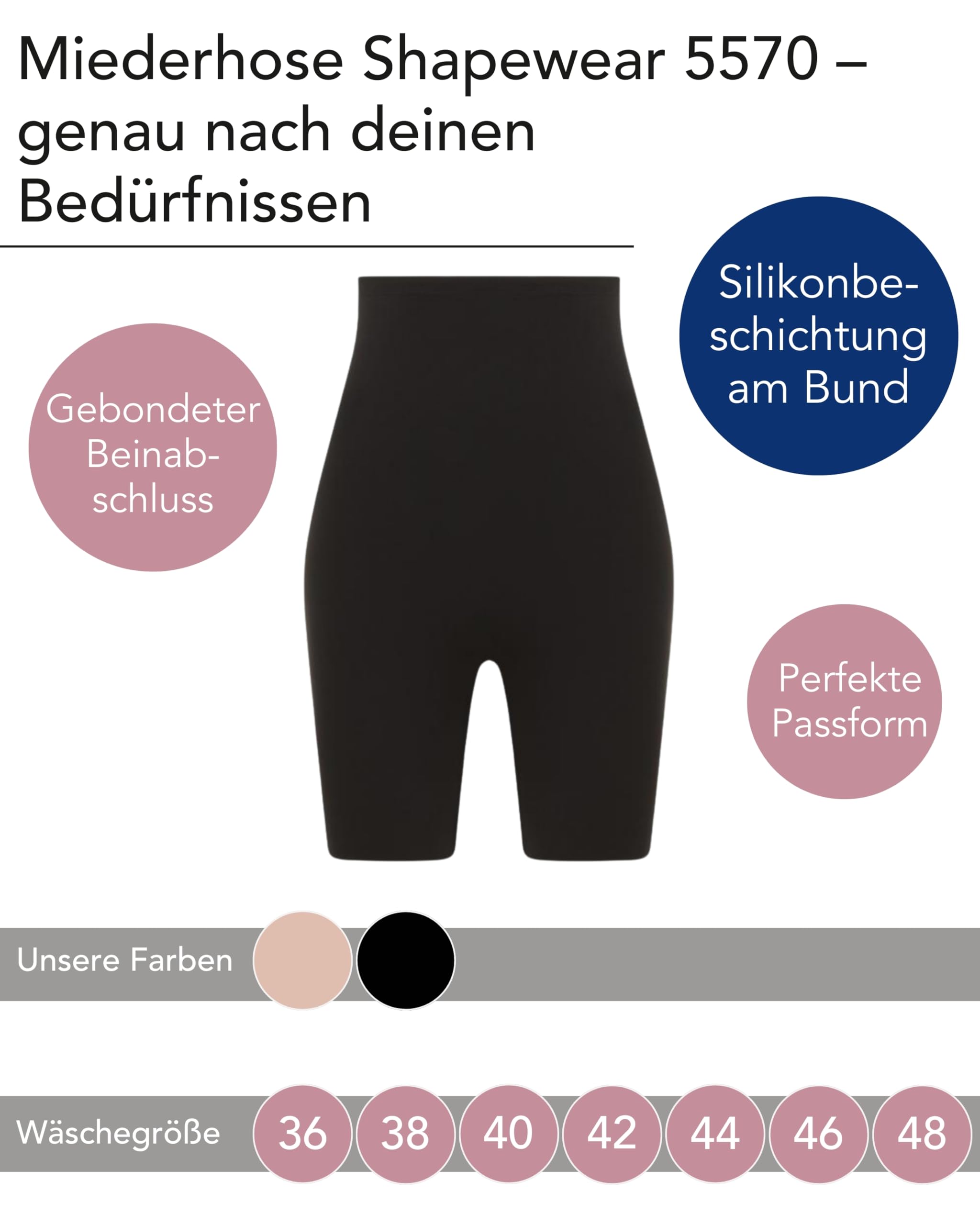 SUSA Shapewear I Gr. 36-48 I Miederhose 5572 I Bauchweg Hose Damen I Shaping Shorts mit Clean-Cut Beinabschluss & hohem Bein I Shape Wear mit Silikonbeschichtung am Bund I nahtlos & blickdicht