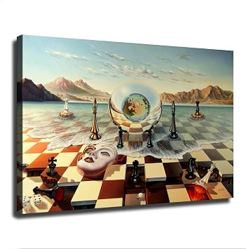 Salvador Dali - Chess Mask on Sea Poster Canvas Pictures Print Wall Art for Living Room Bedroom Bathroom Preppy Dorm Home Decor 08x12inch Unframed