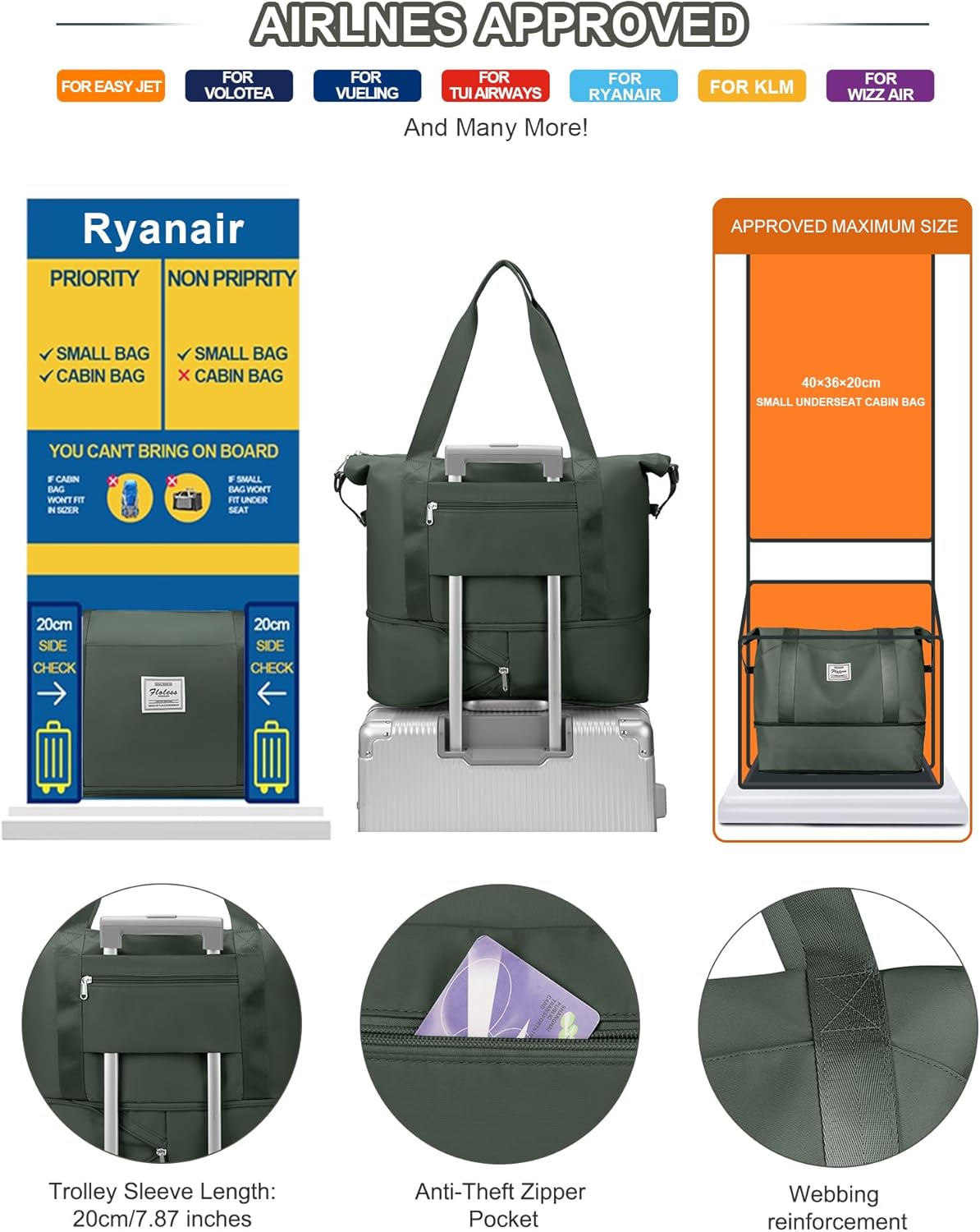 Travel Duffel Bags for Women, Shoulder Weekender Bag with Trolley Sleeve, Sport Gym Tote Bags for Men, 18x14x8 Foldie Travel Bag Expandable Carry On Overnight Bags for airplanes，Green - Image 5