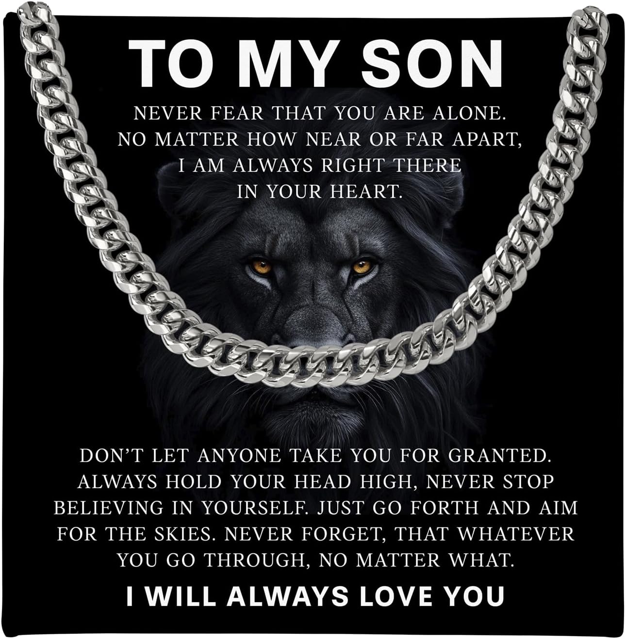 To My Son Cuban Link Chain Necklace from Mom and Dad, Meaningful Mens Gift of Love and Strength, Message Card and Gift Box, Inspirational Jewelry for Men and Teens on Birthday or Christmas