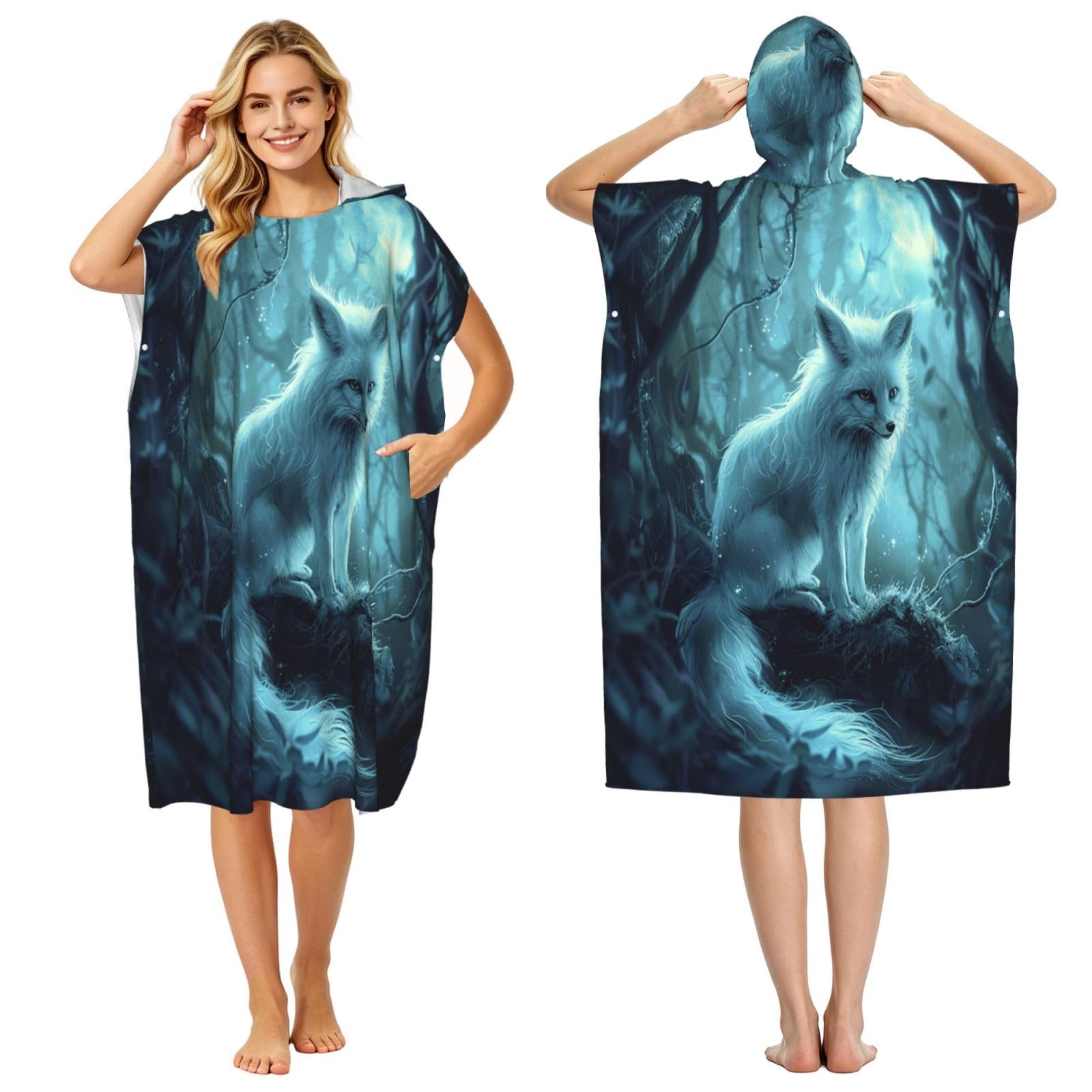 KLGRTJHK White Fox Sits Upright Adult Hooded Beach Poncho Towel 43"X35"